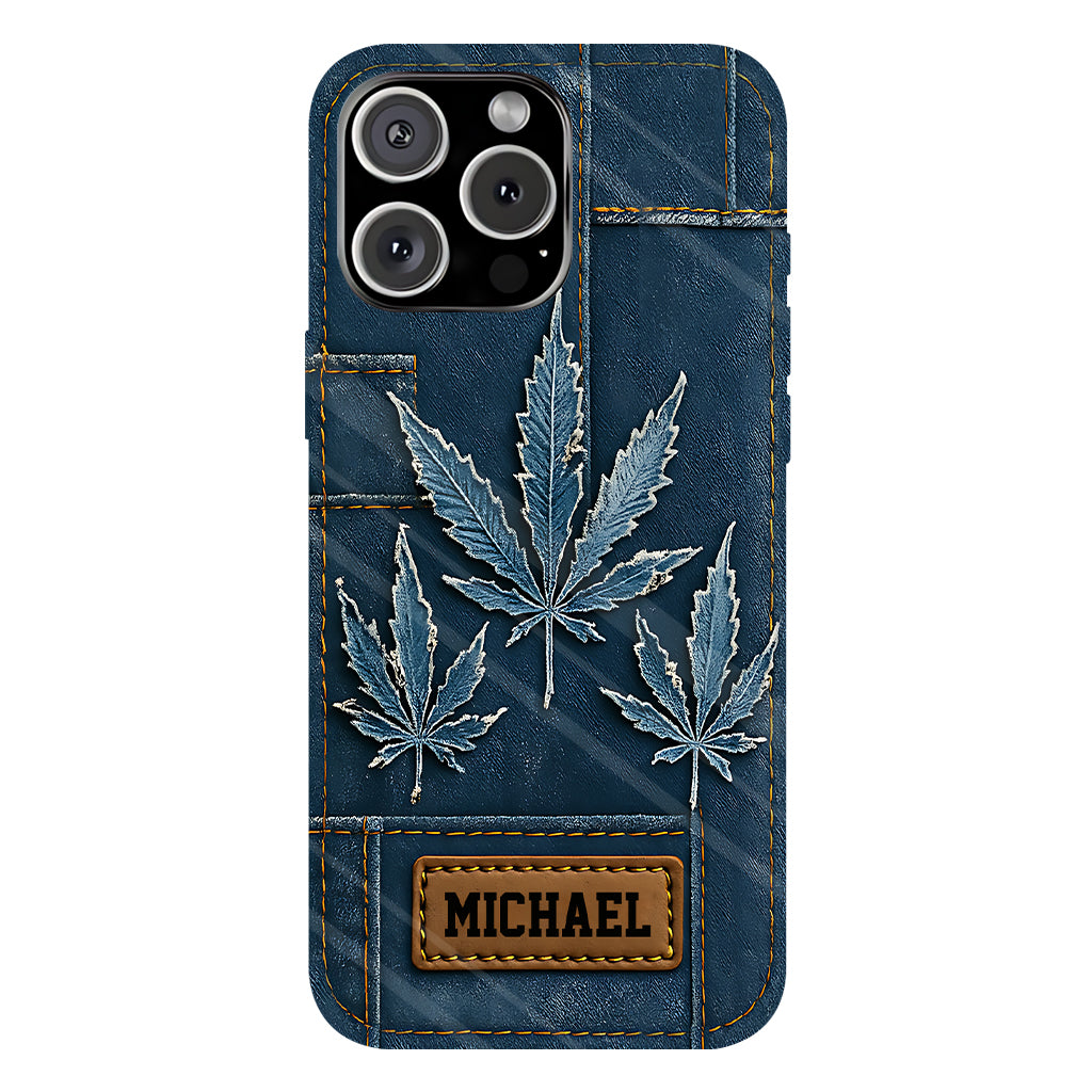 Coque de téléphone personnalisée avec imprimé intégral de marijuana en denim vieilli