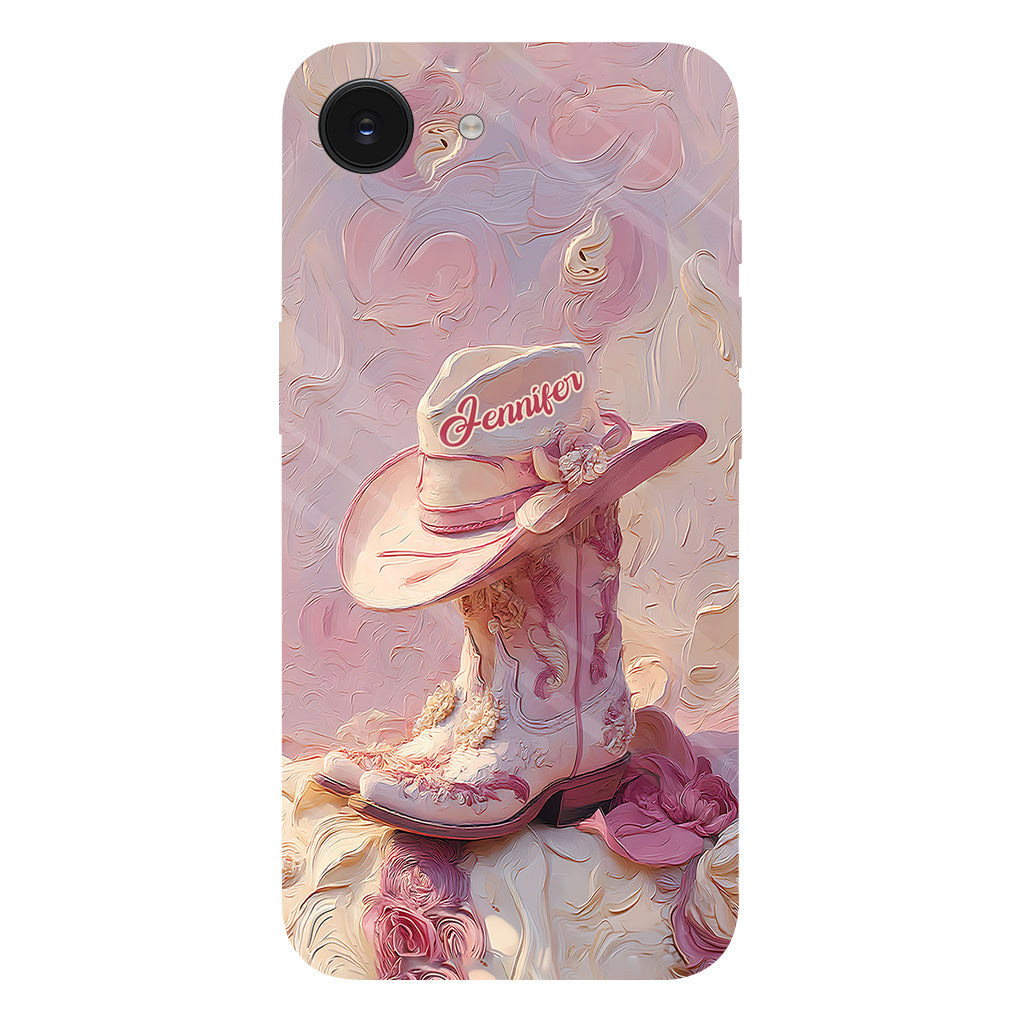 Coque de téléphone et support personnalisés « Cowgirl rose » avec imprimé intégral et support pour téléphone