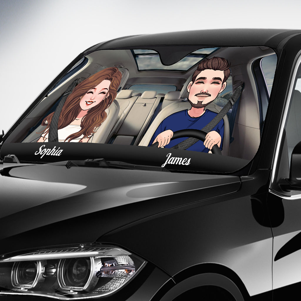 Adventure Awaits - Husband And Wife gift for wife, husband, girlfriend, boyfriend, mom, dad - Personalized Car Sunshade