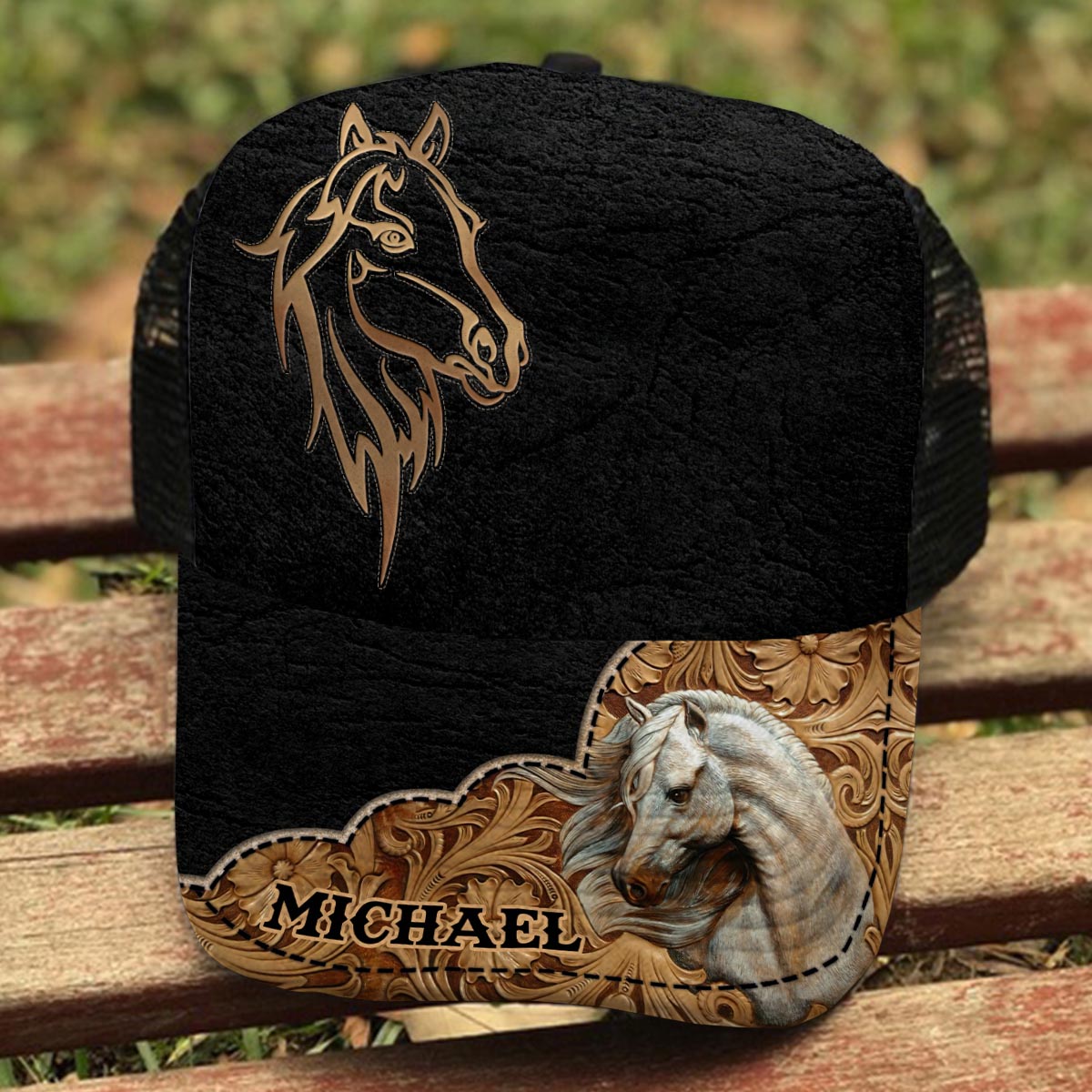 Love Horses - Personalized Horse Trucker Hat (Black Mesh)