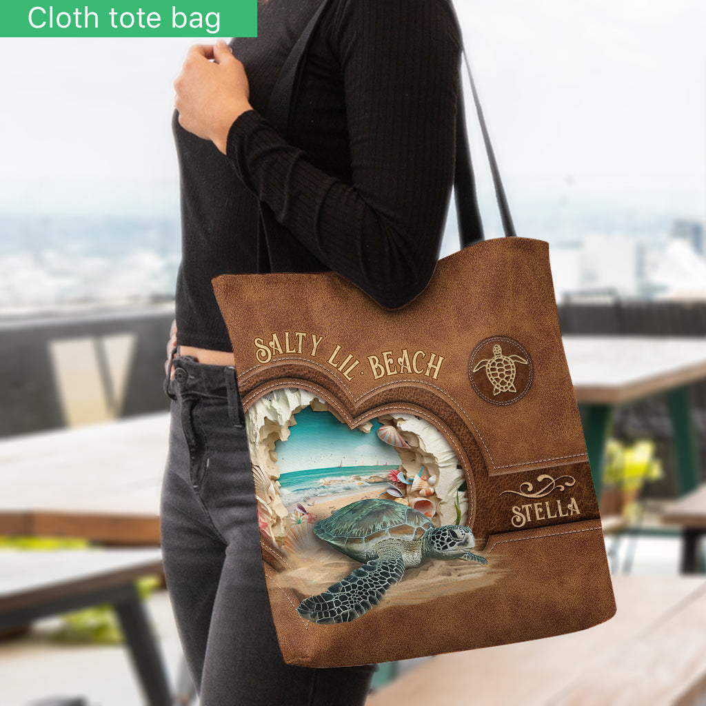 Salty Lil' Beach 3D Effect Pattern - Personalized Turtle Tote Bag