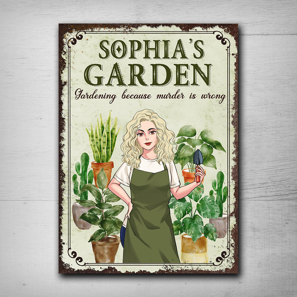 Gardening Because Murder Is Wrong - Personalized Gardening Rectangle Metal Sign