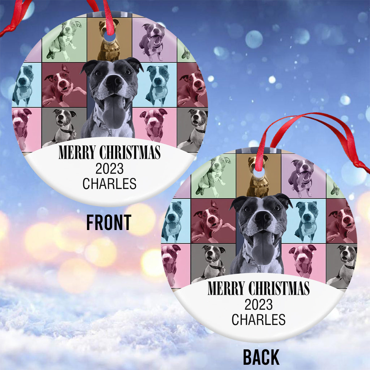 Frohe Weihnachten! Personalisierter Keramik-Kreisanhänger mit Hundemotiv