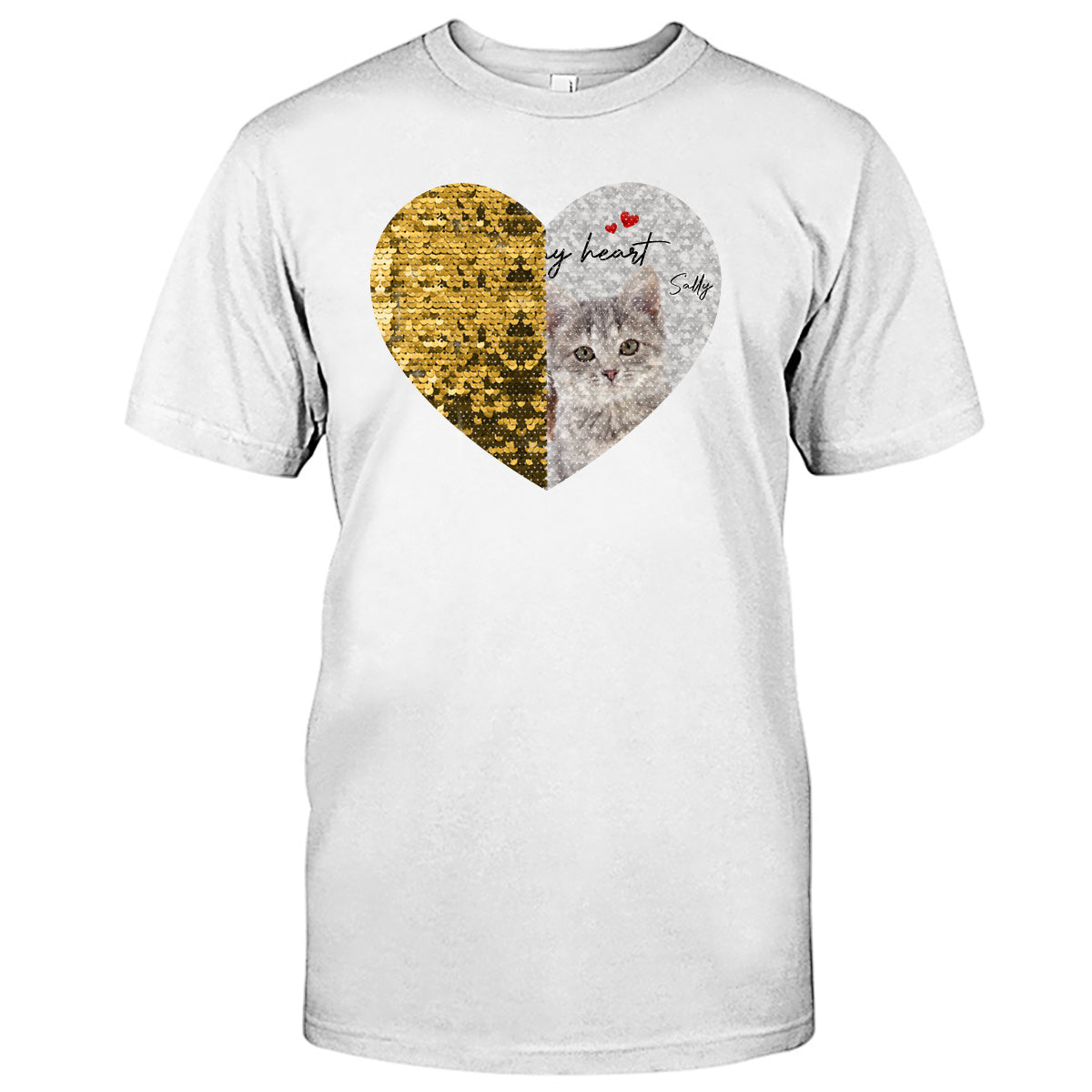 T-shirt à sequins personnalisé avec photo de chien et chat « Pour toujours dans mon cœur » - Cadeau idéal pour les amoureux des chiens et des chats