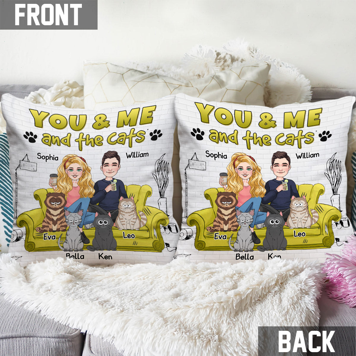Coussin décoratif personnalisé pour chats « Toi, moi et les chats »