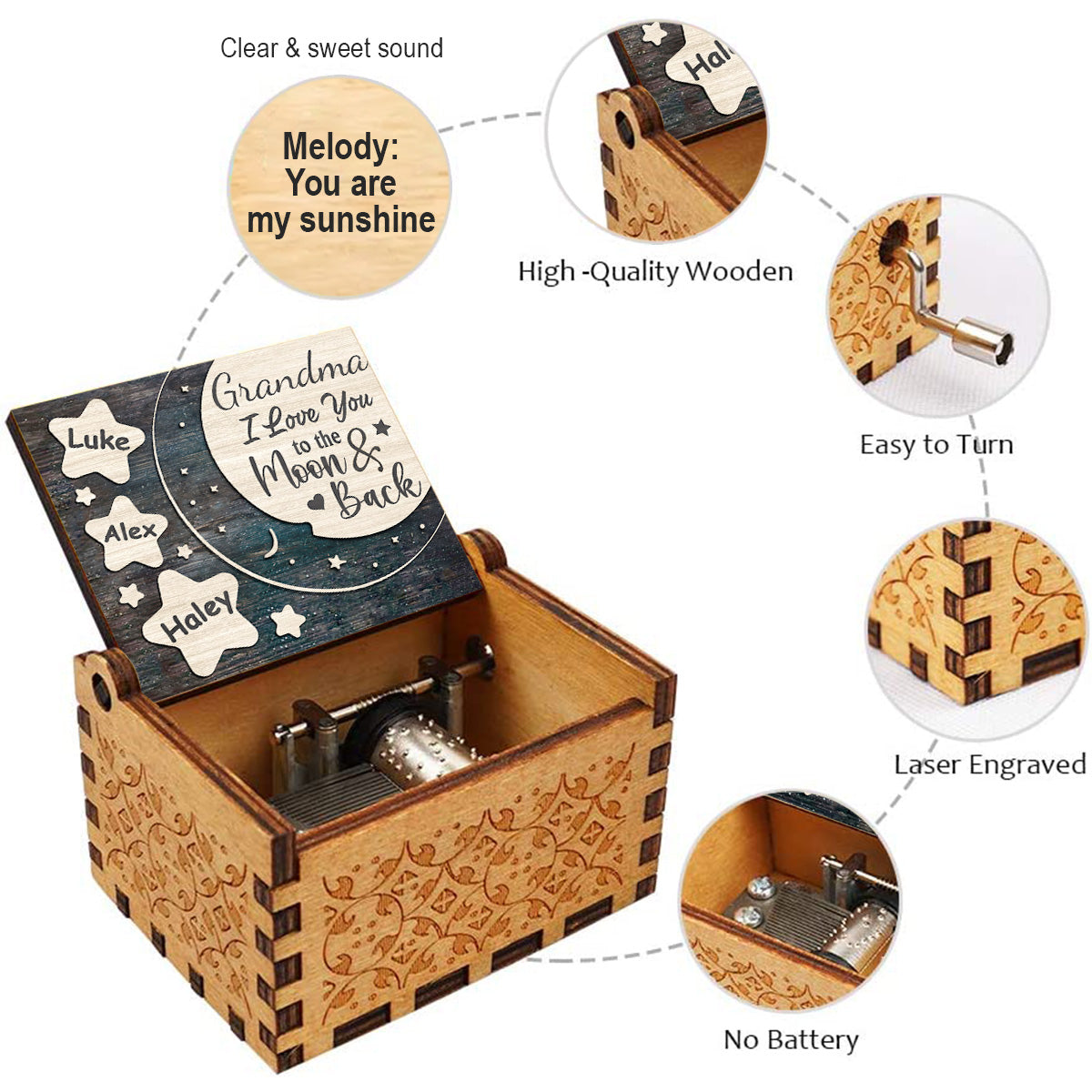 I Love You To The Moon And Back - Gift for mom, grandma, dad, grandpa - Personalized Hand Crank Music Box