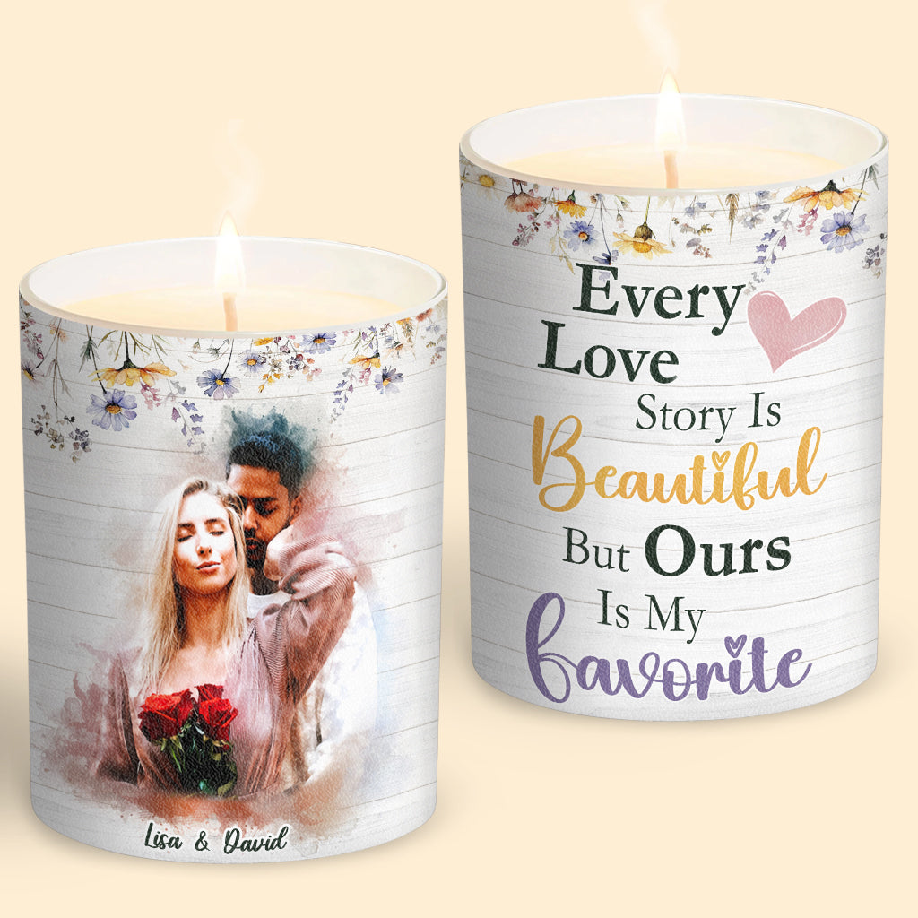 Every Love Story Is Beautiful - Personalized Couple Candle With Wooden Lid