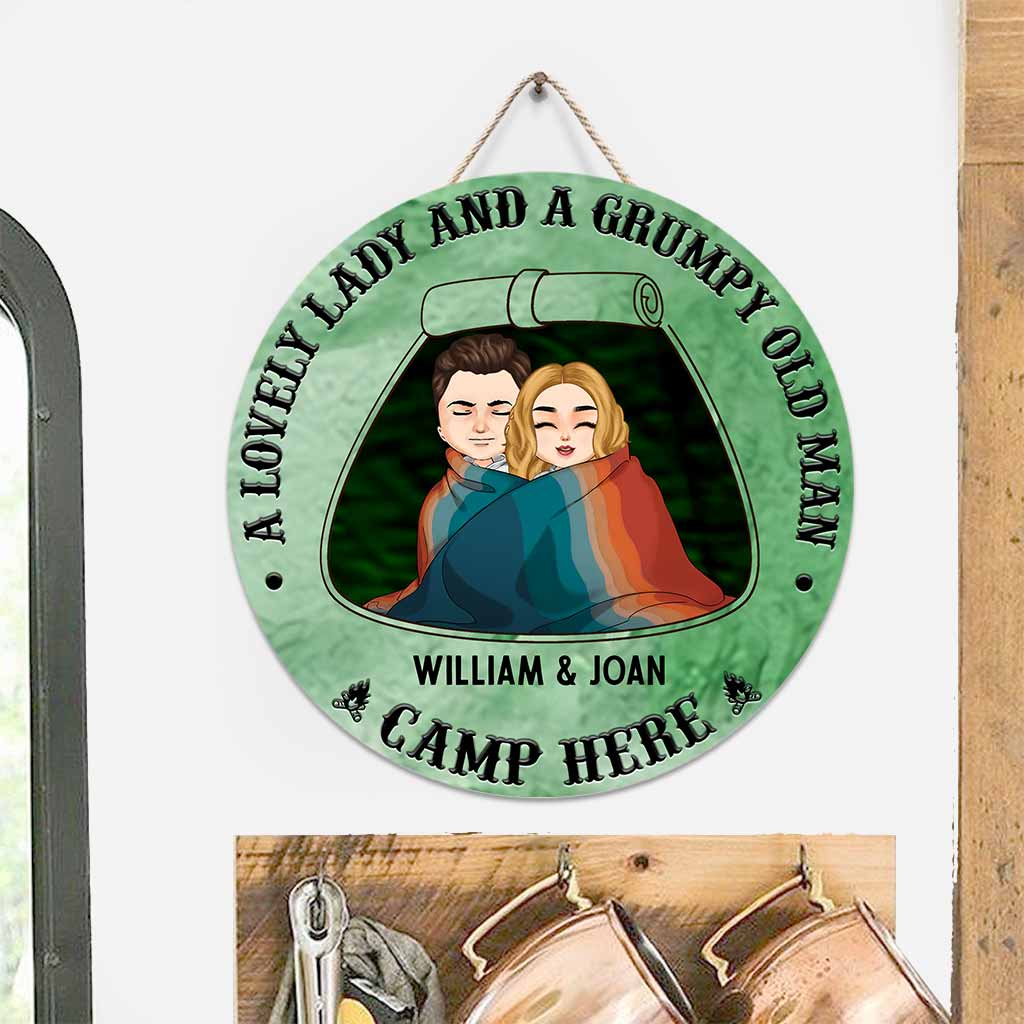 A Lovely Lady Grumpy Old Man Camp Here - Personalized Couple Round Wood Sign