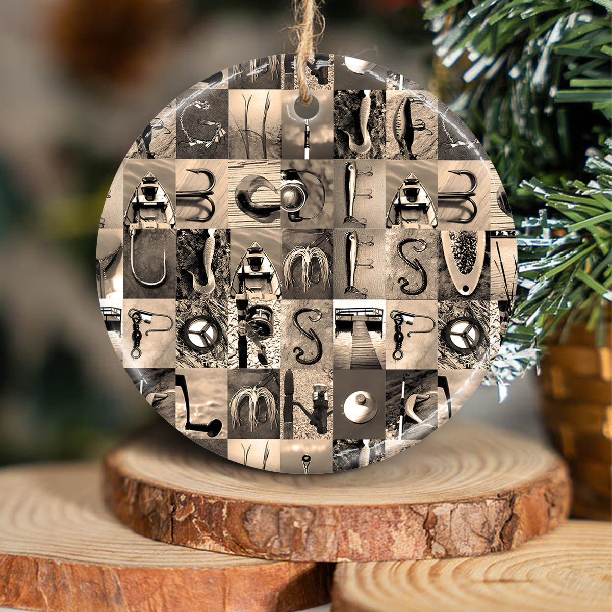 Alphabet de pêche vintage - Ornement rond en céramique personnalisé sur le thème de la pêche