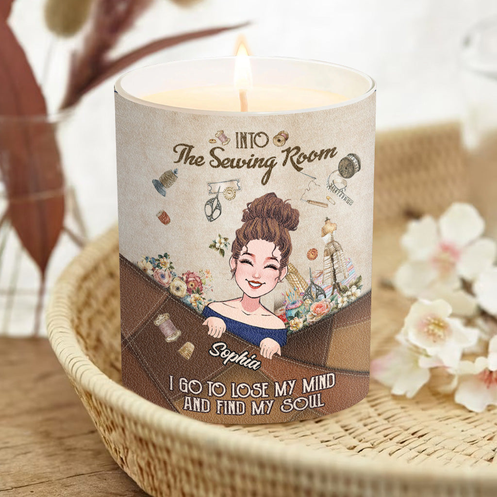 And Into The Sewing Room I Go - Personalized Sewing Candle With Wooden Lid