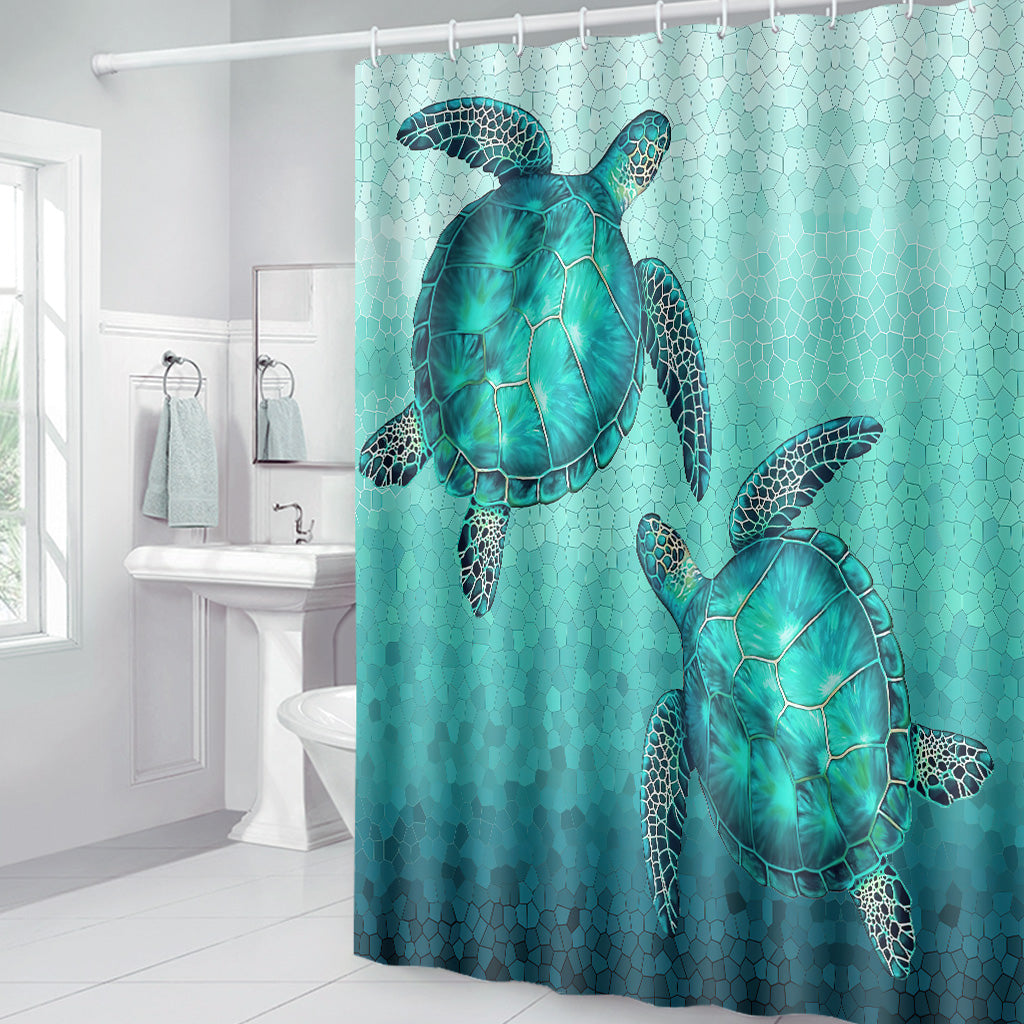 Swimming In The Water Turtle Bathroom Curtain & Mats Set