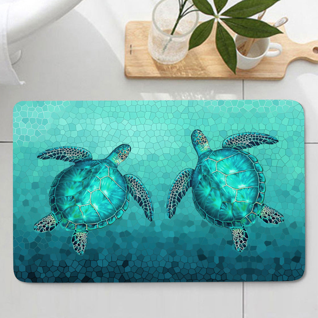 Swimming In The Water Turtle Bathroom Curtain & Mats Set