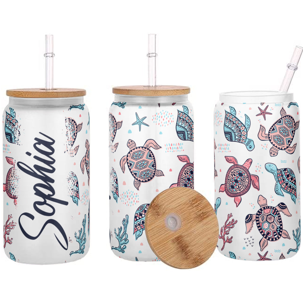 Pink And Blue Turtle - Personalized Turtle Can Glass