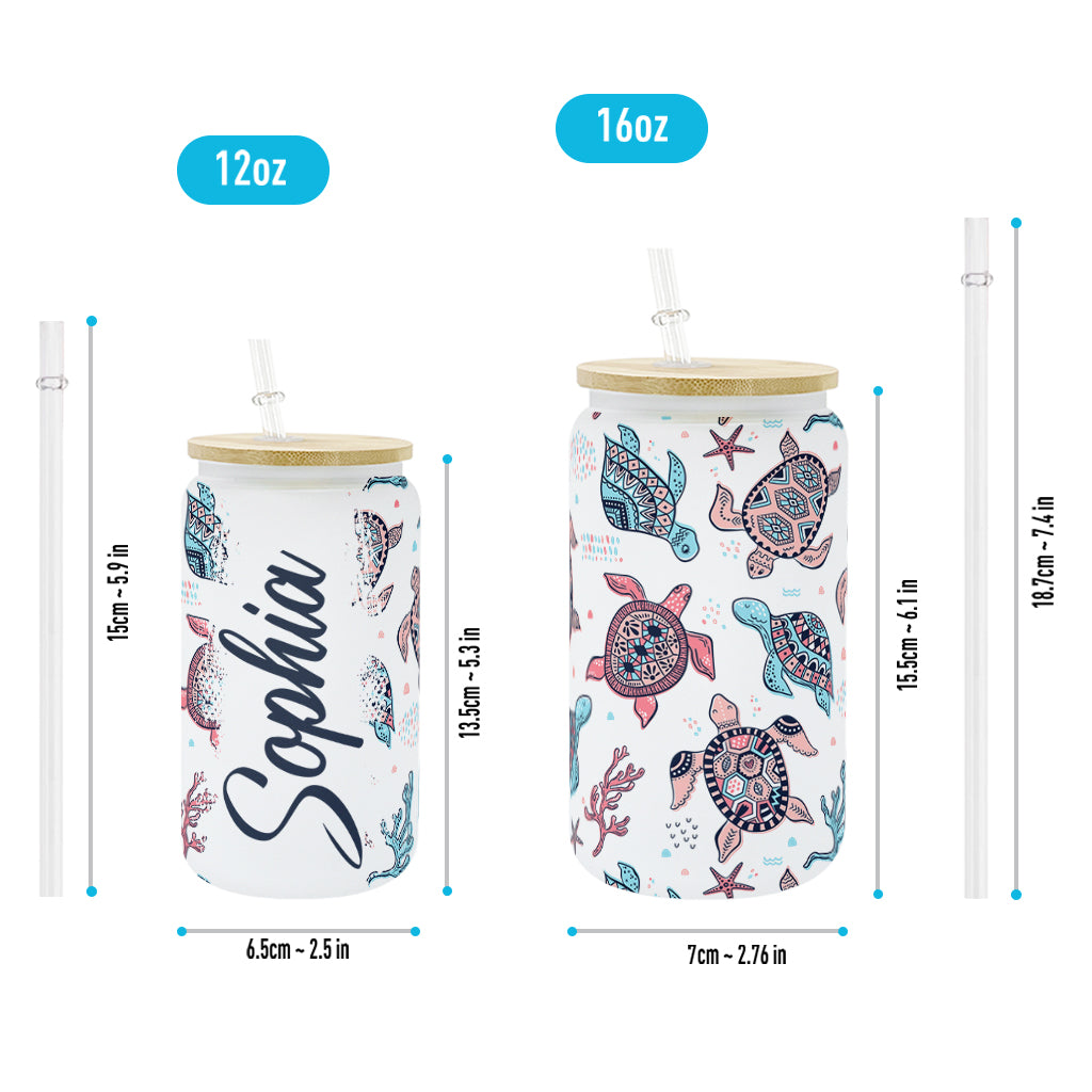 Pink And Blue Turtle - Personalized Turtle Can Glass