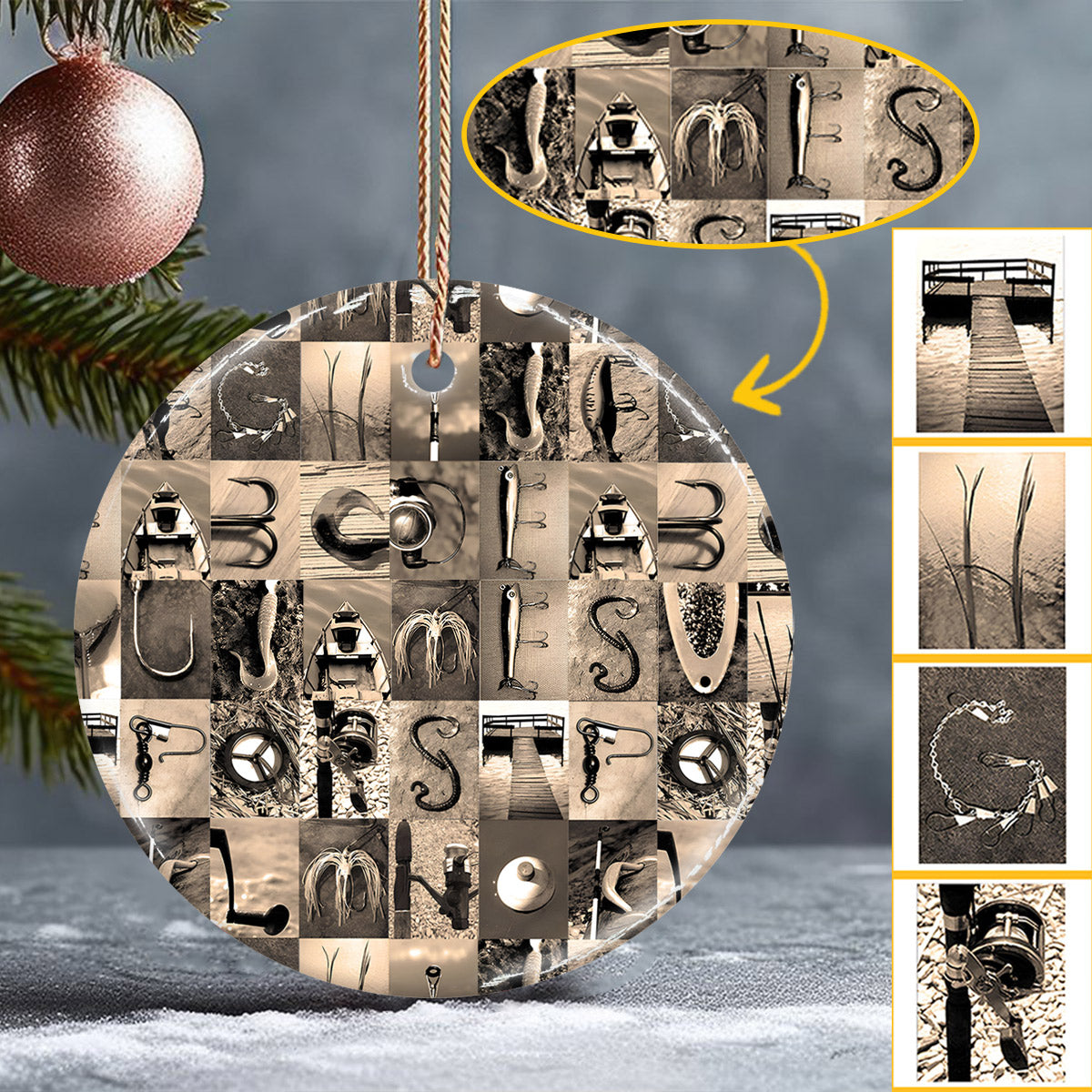 Alphabet de pêche vintage - Ornement rond en céramique personnalisé sur le thème de la pêche