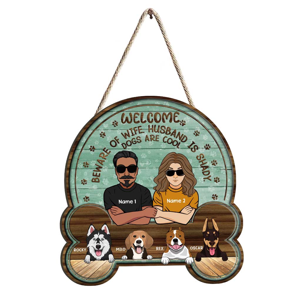 Welcome Be Aware Of Owners - Personalized Christmas Dog Wood Sign