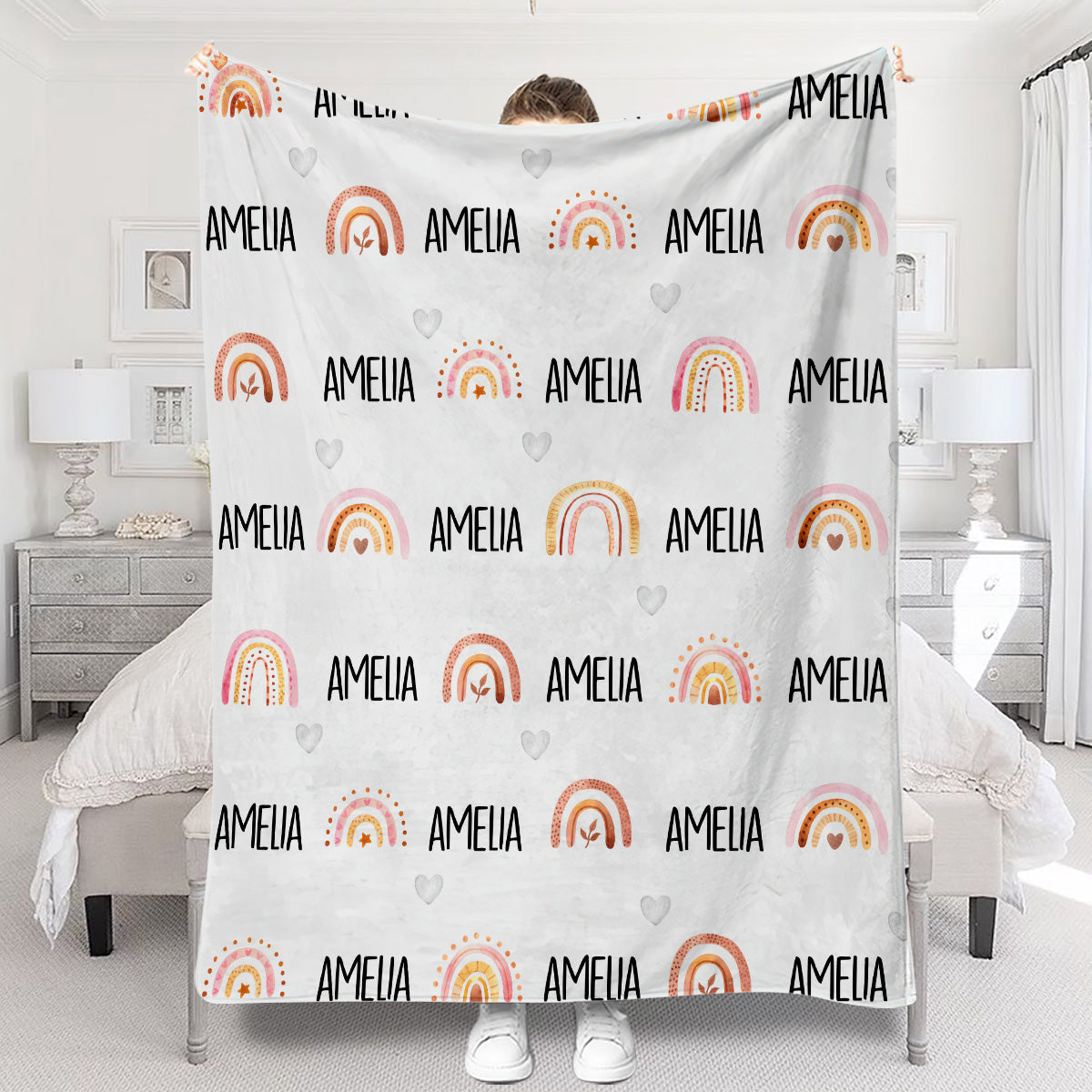 Personalisierte Retro-Regenbogen-Decke mit individuellem Namen für die Enkelin