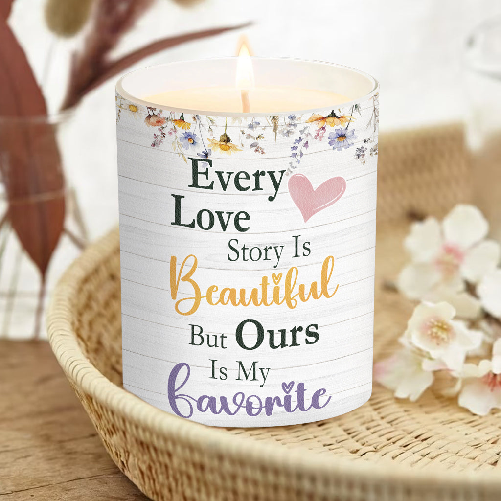 Every Love Story Is Beautiful - Personalized Couple Candle With Wooden Lid