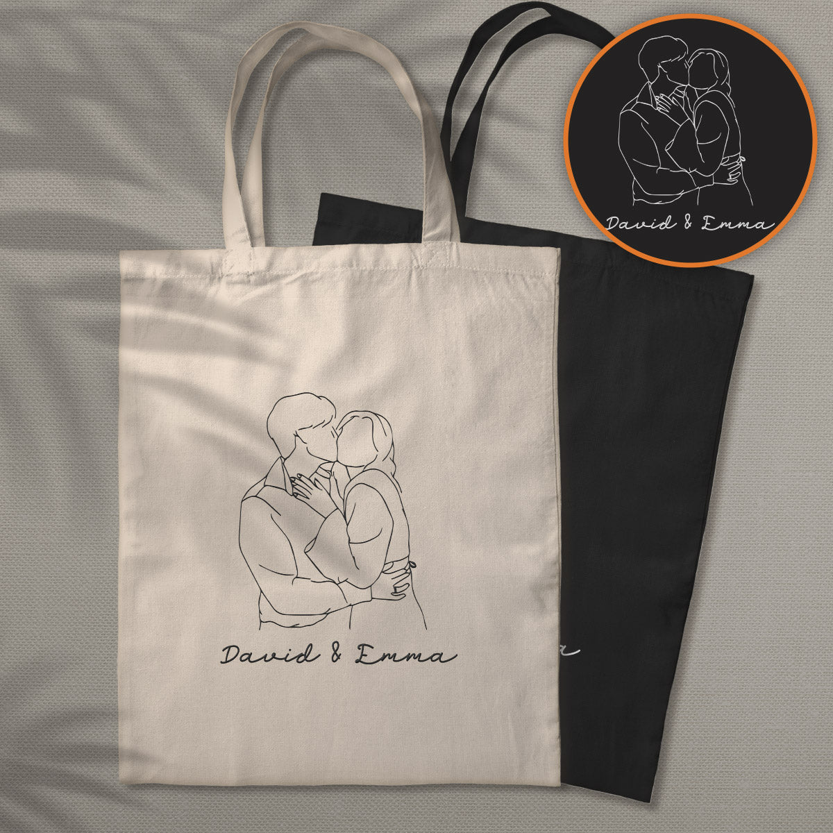 Custom Photo Line Art - Personalized Couple Embroidered Tote Bag