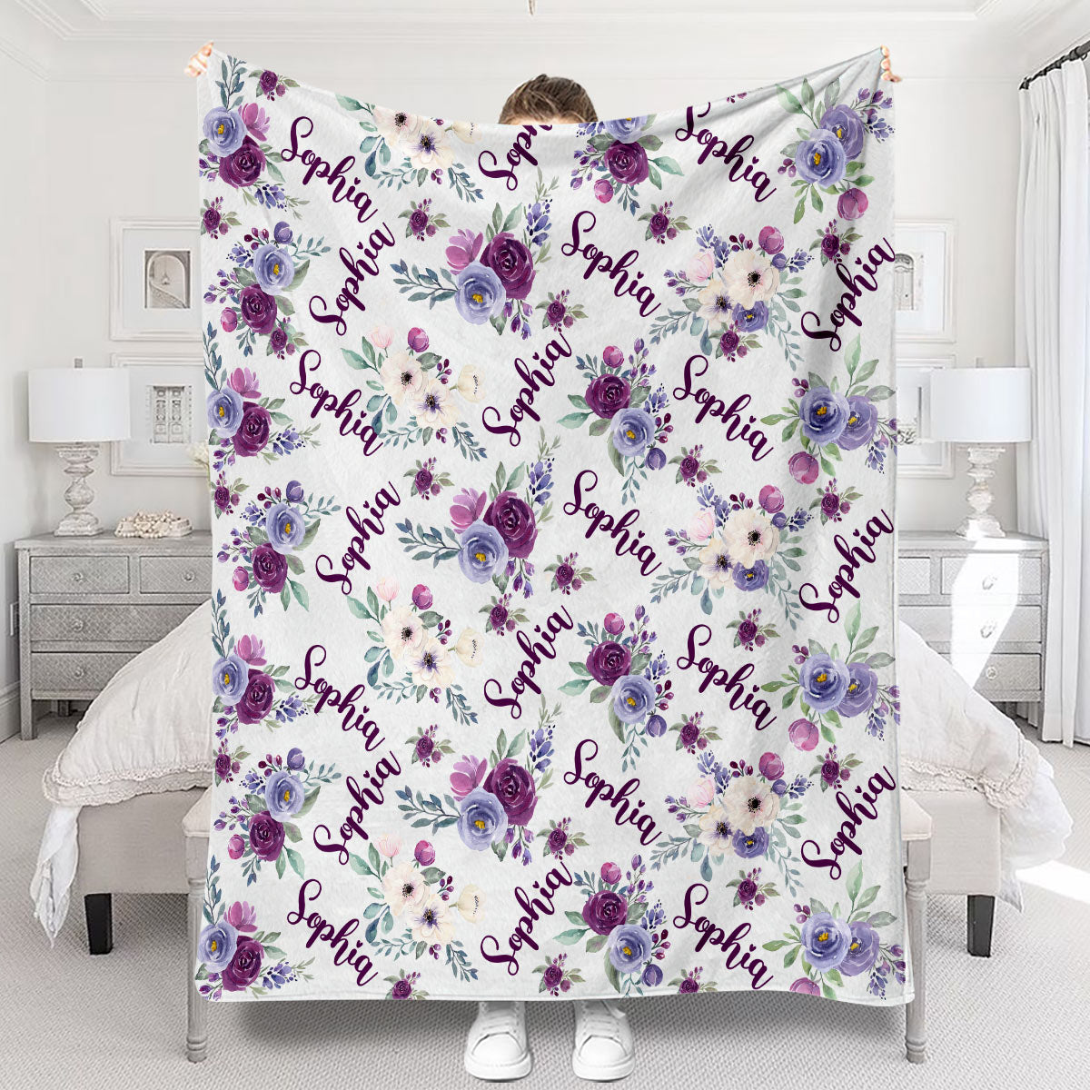 Couverture personnalisée pour tante avec fleurs violettes et nom personnalisé