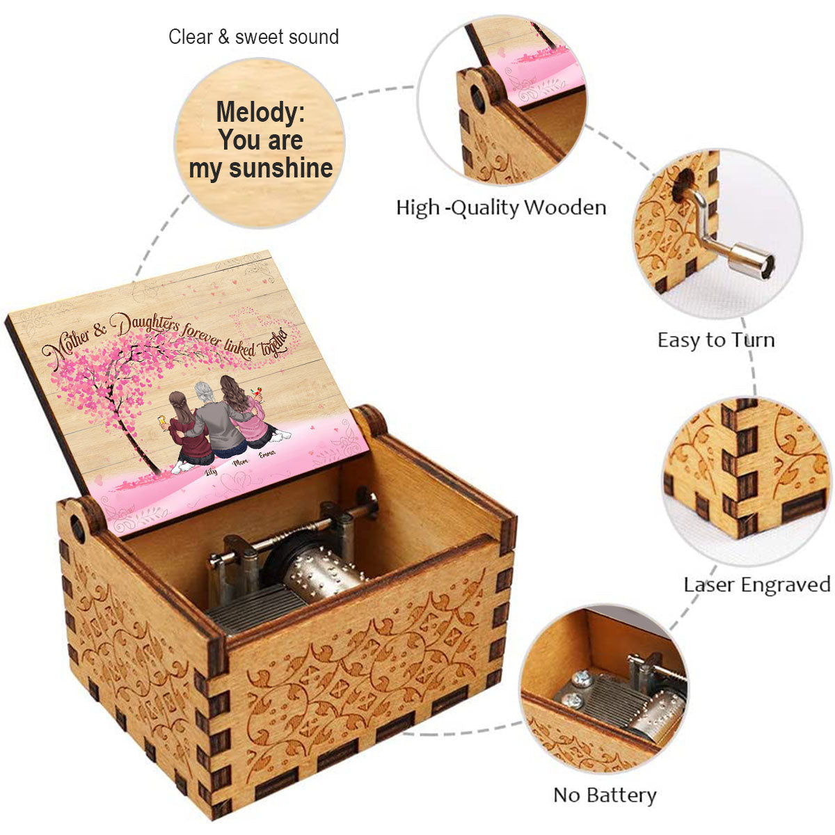 Mother & Daughters - Personalized Mother Hand Crank Music Box