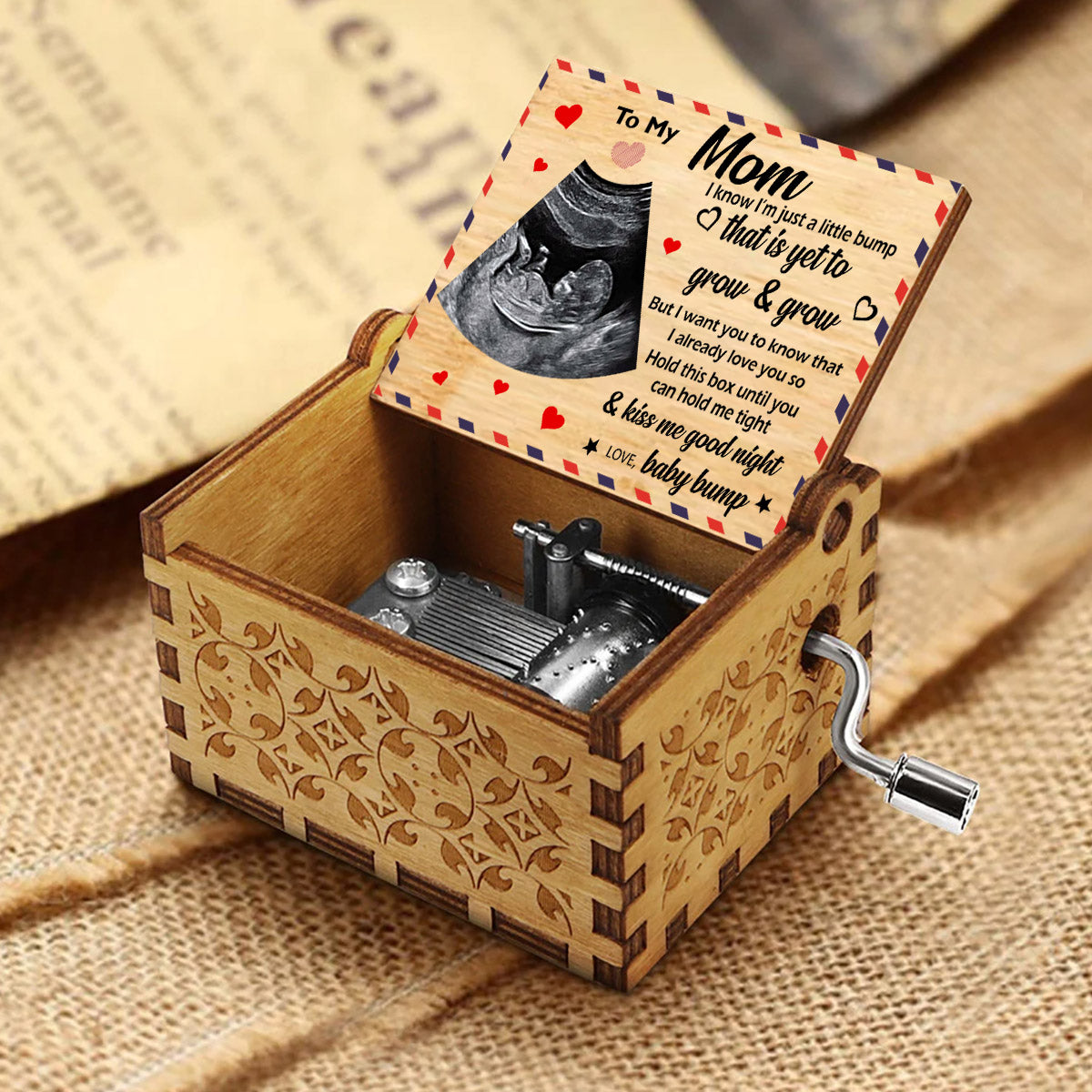 À maman / papa / grand-mère / grand-père / frère / sœur - Boîte à musique personnalisée avec photo d'échographie de bébé