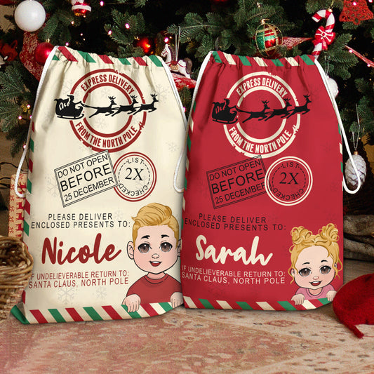 North Pole Express Santa Delivery Sack - Personalized Family Drawstring Tote Bag