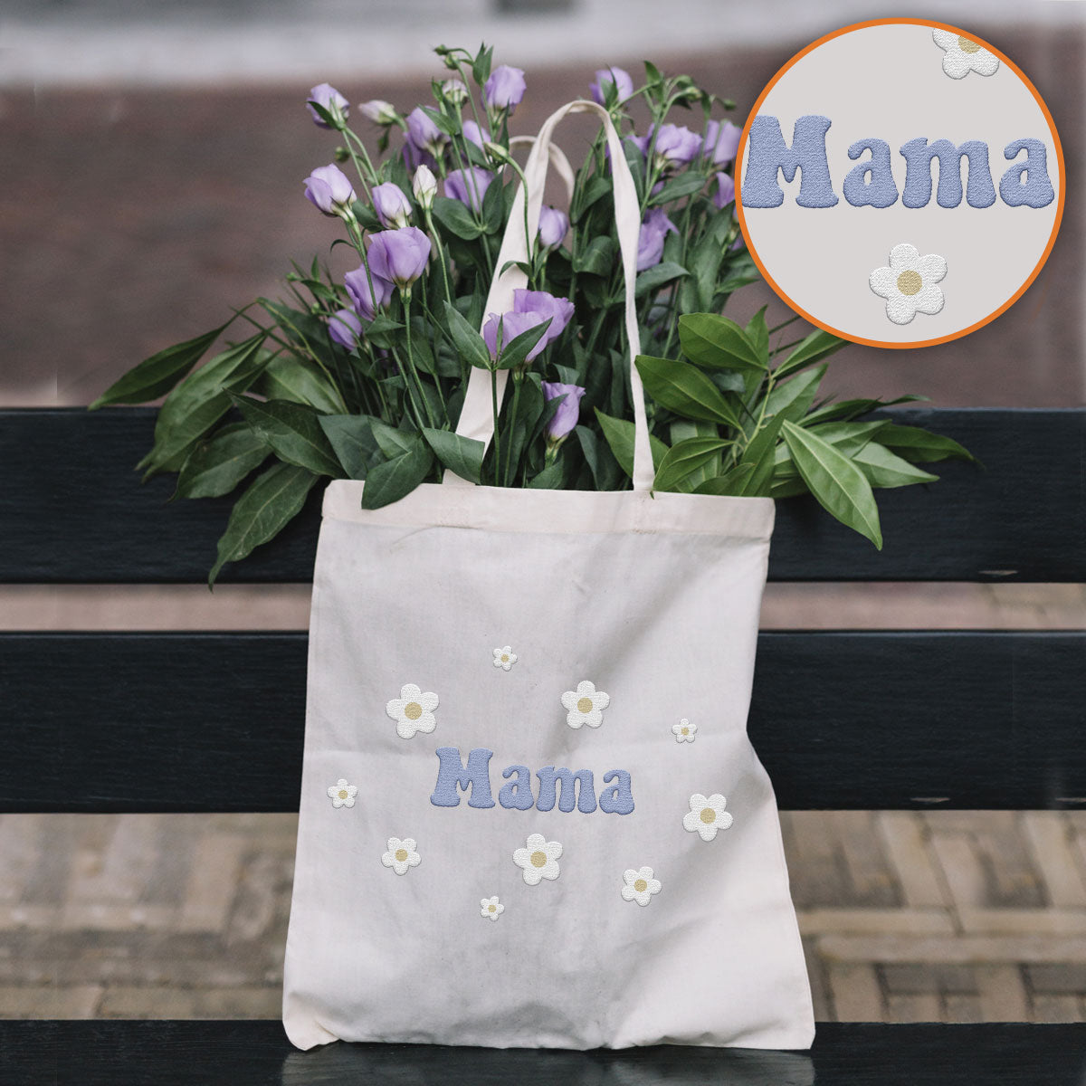 Personalisierte Tragetasche mit Namensaufdruck und Blume – bestickt für Stiefmütter