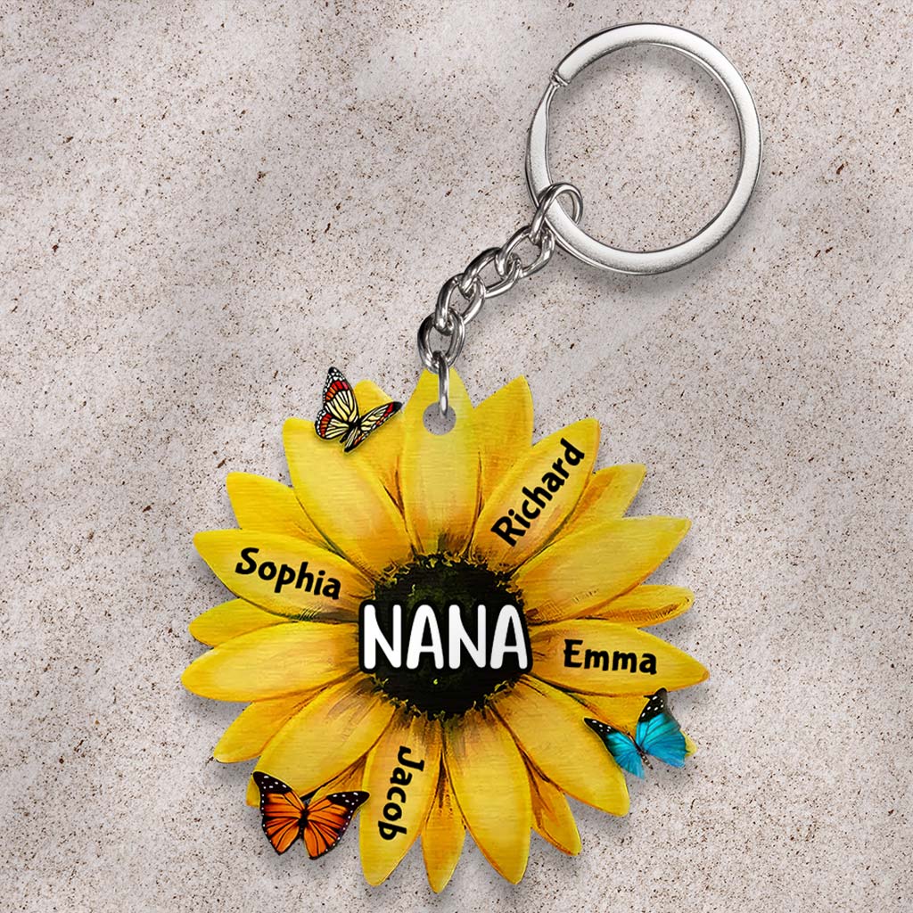 Grandma Sunflower - Personalized Mother's Day Grandma Keychain (Printed On Both Sides)