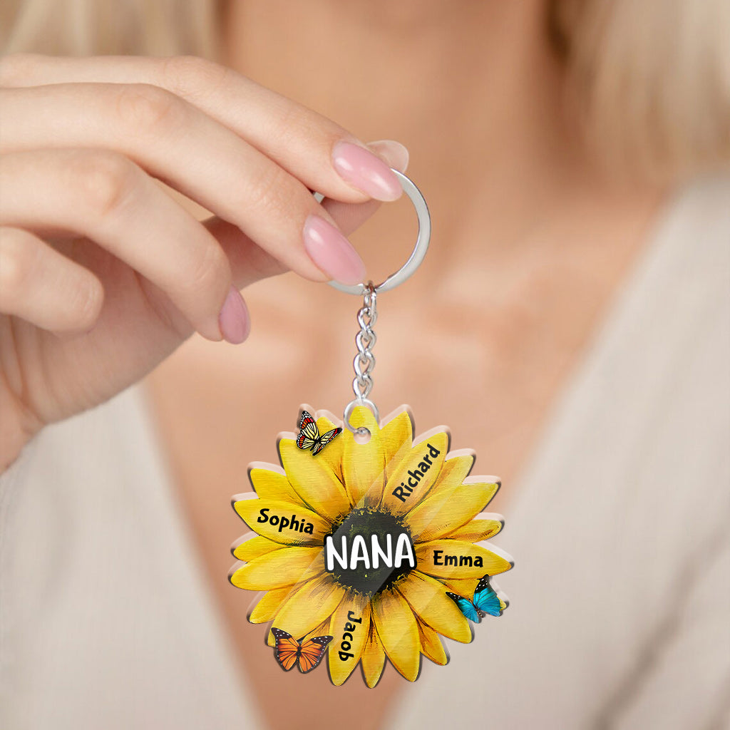 Grandma Sunflower - Personalized Mother's Day Grandma Keychain (Printed On Both Sides)