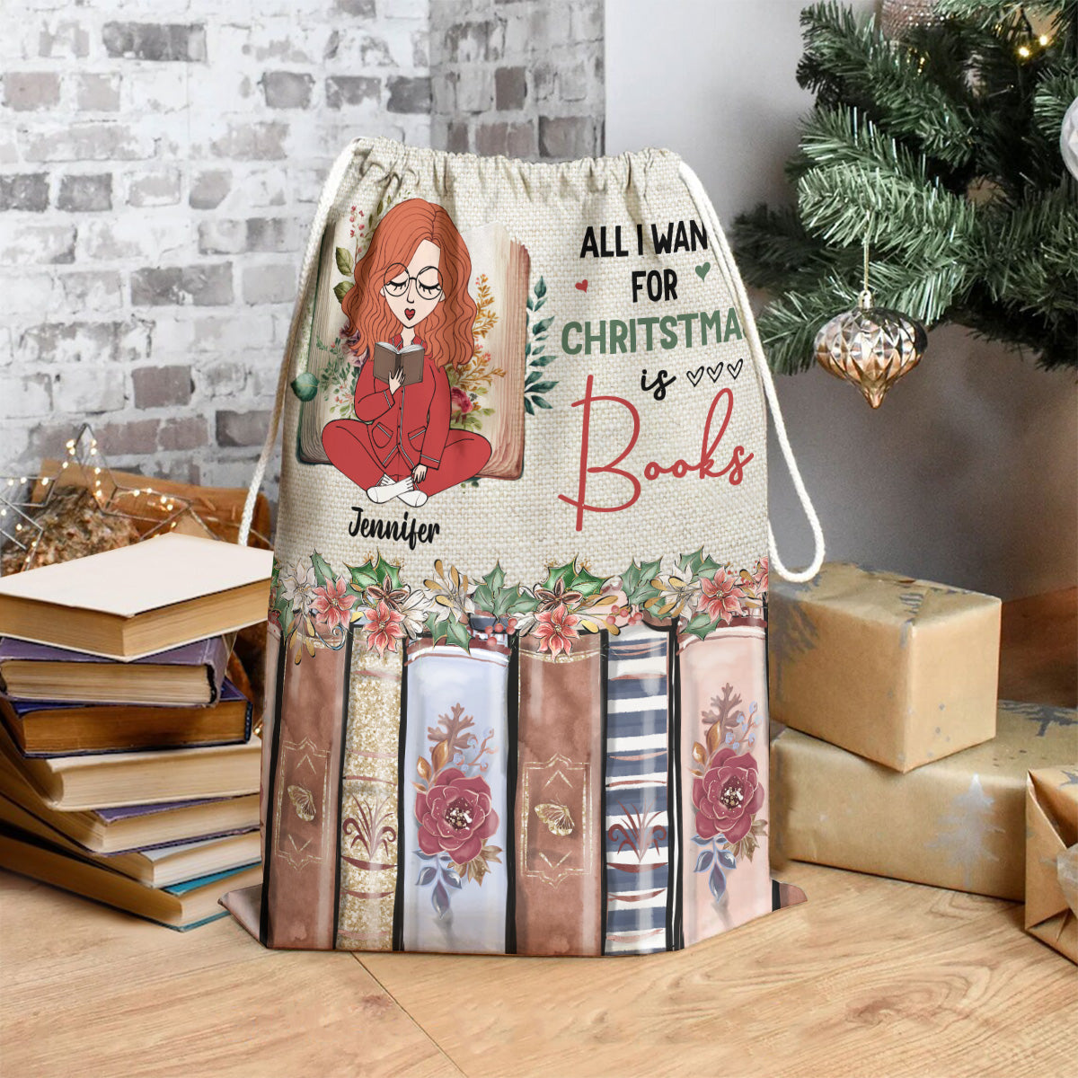 All I Want For Christmas Is Books - Personalized Book Drawstring Tote Bag
