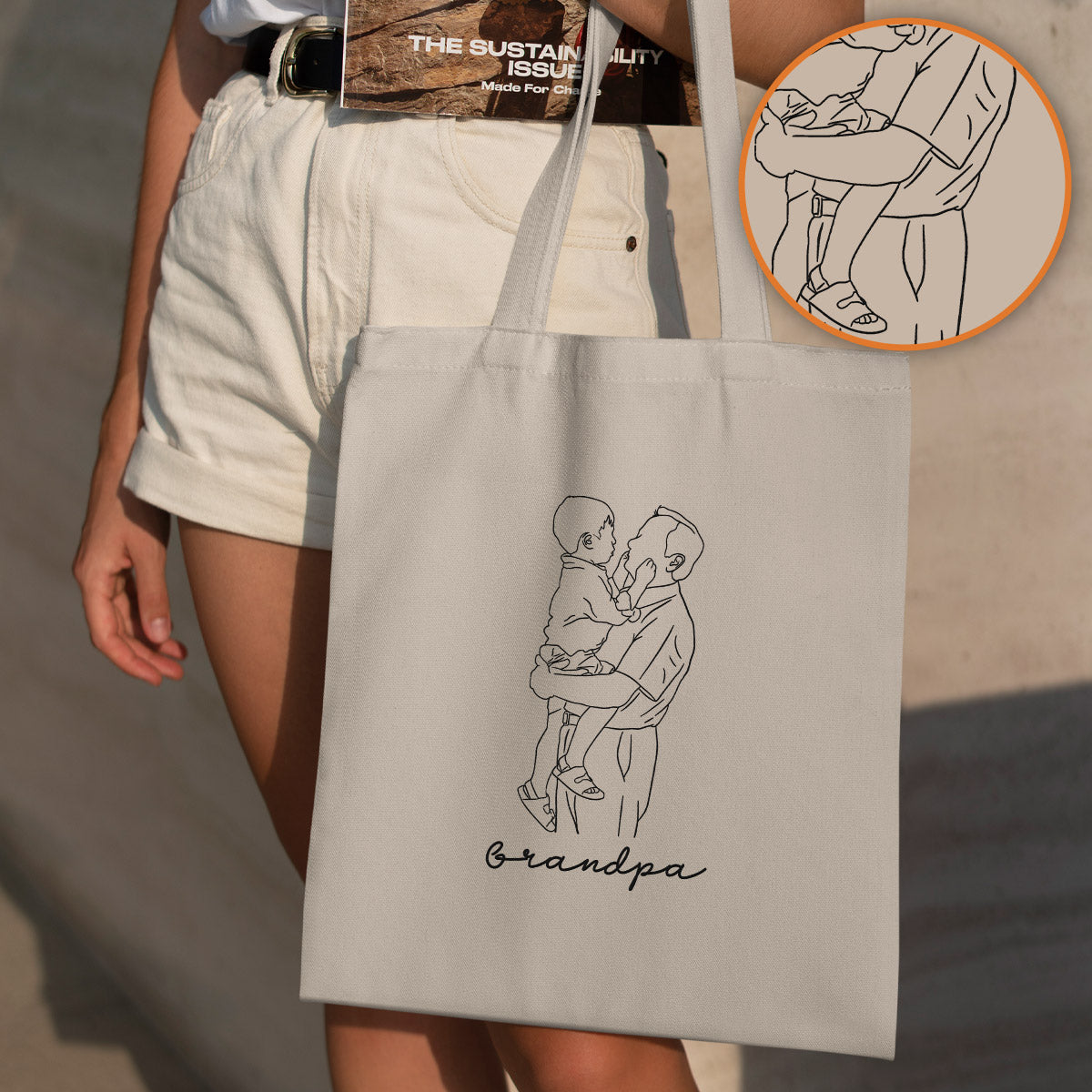 Custom Photo Line Art - Personalized Grandpa Embroidered Tote Bag
