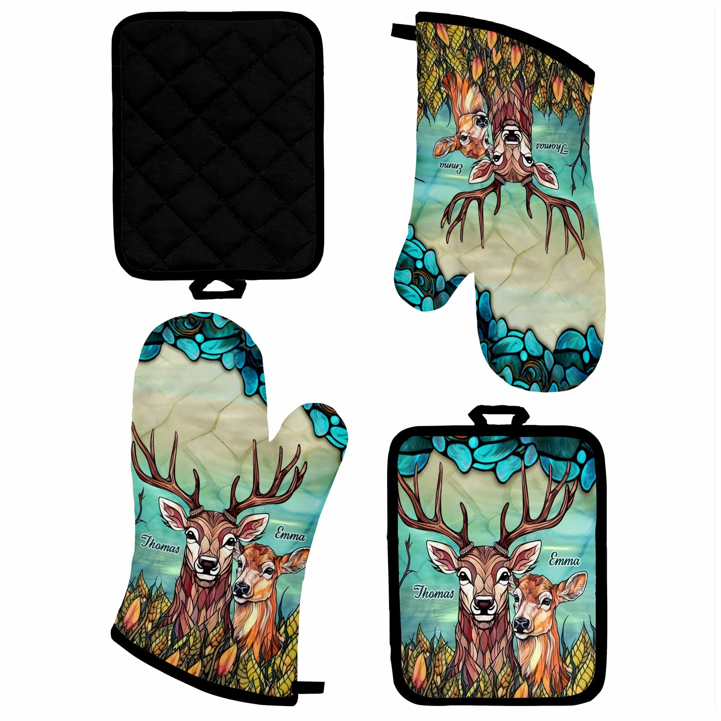 „Du und ich, wir schaffen das“ – personalisiertes Set aus Ofenhandschuhen und Topflappen für die Jagd