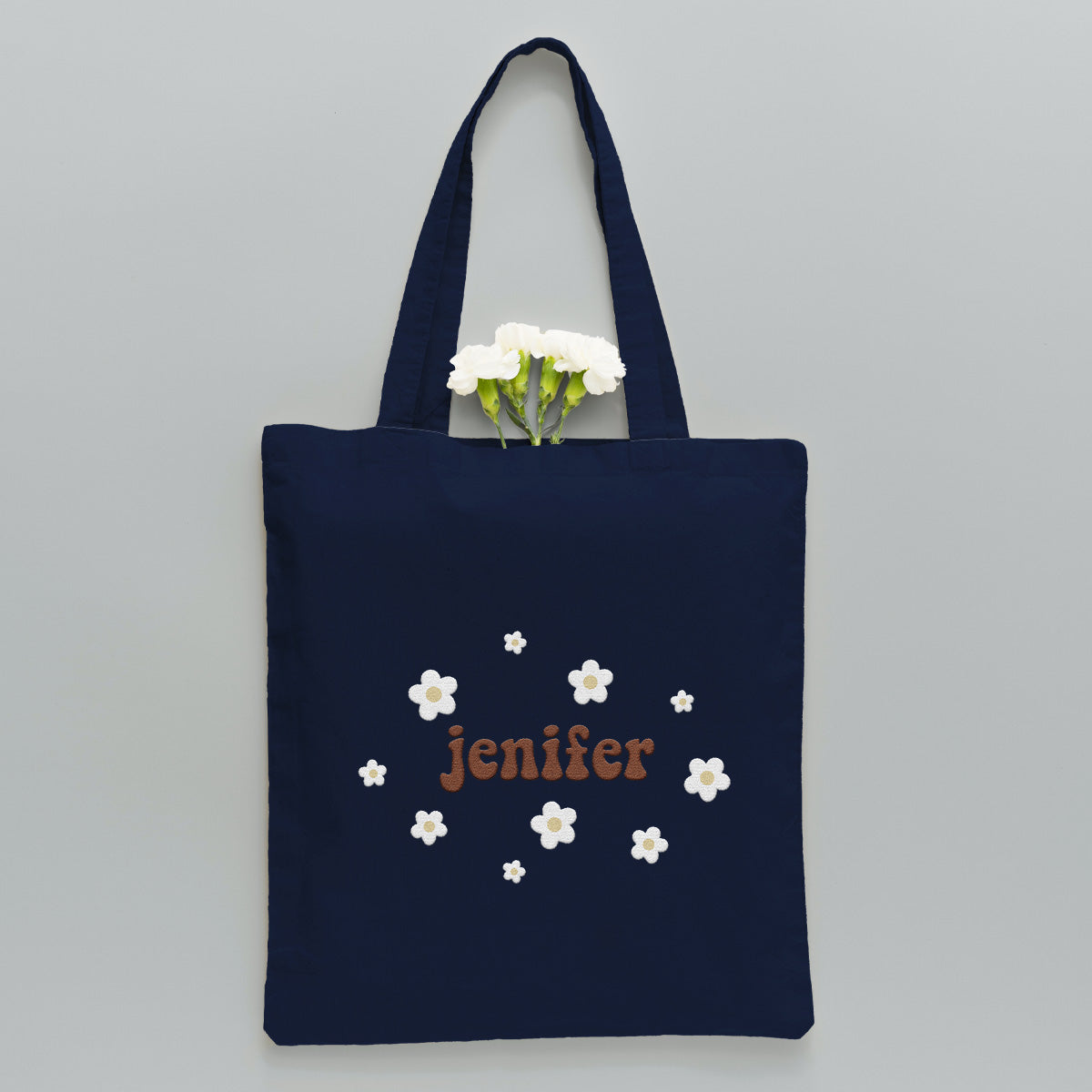 Sac fourre-tout brodé personnalisé avec nom et fleur - Nom personnalisé pour tante