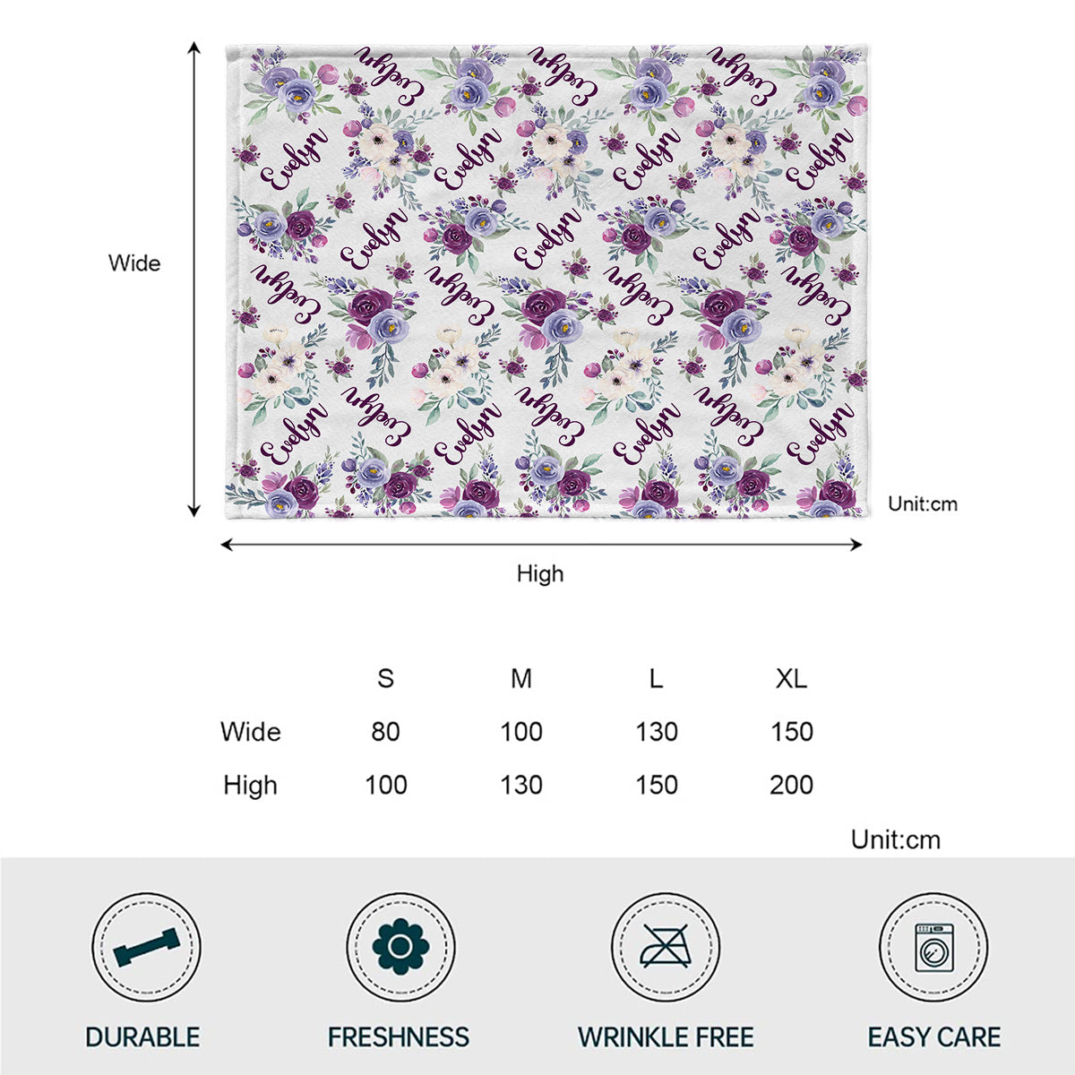 Couverture personnalisée pour petite-fille avec fleurs violettes et nom personnalisé
