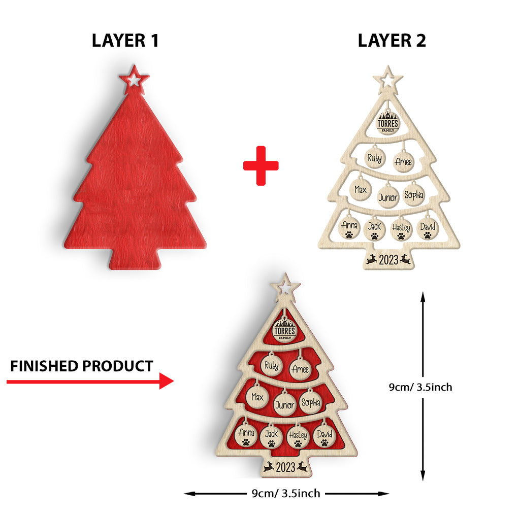 Family Name Christmas Tree Many Colors - Personalized Family Layered Wood Ornament