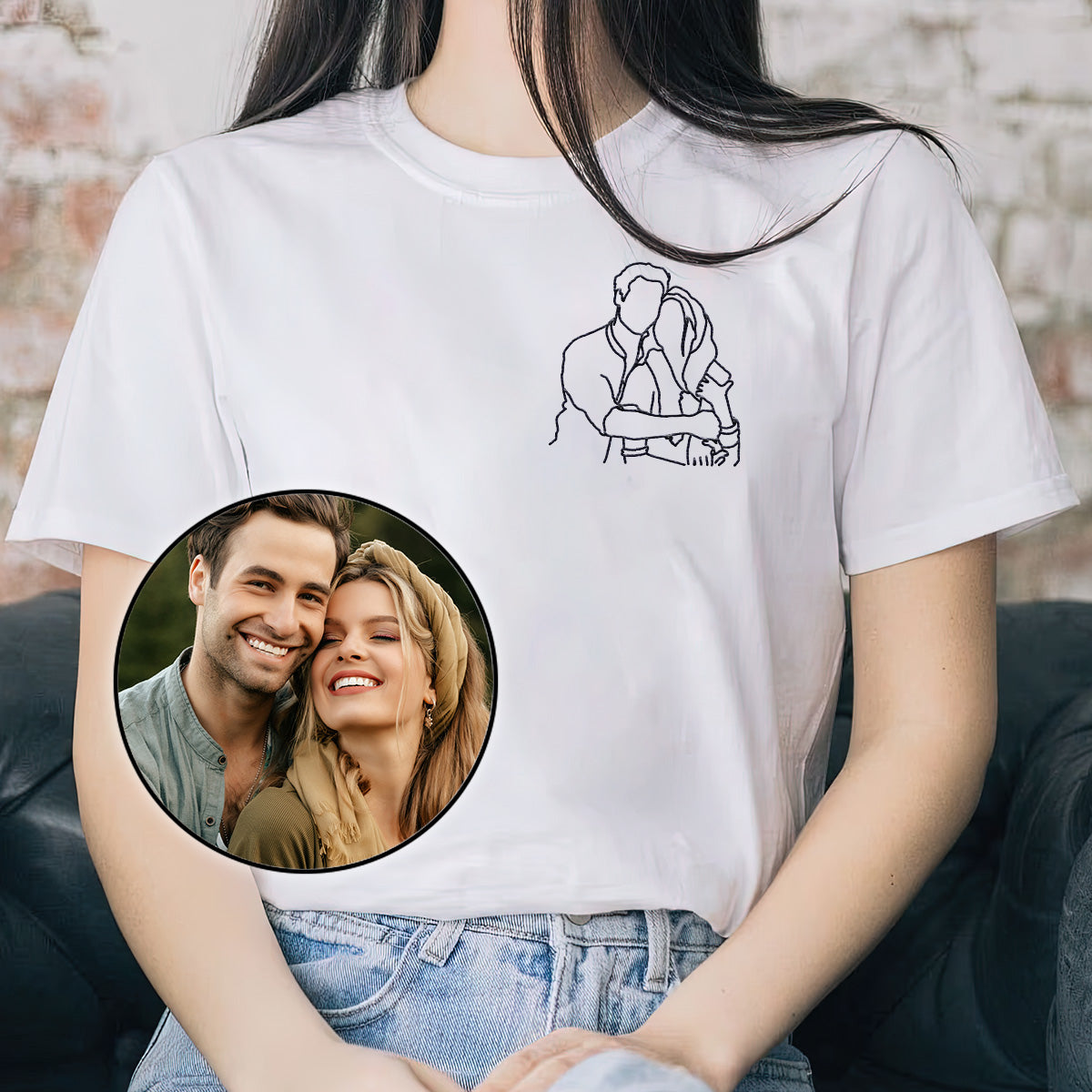 Custom Line Art - Personalized Couple Embroidered T-shirt