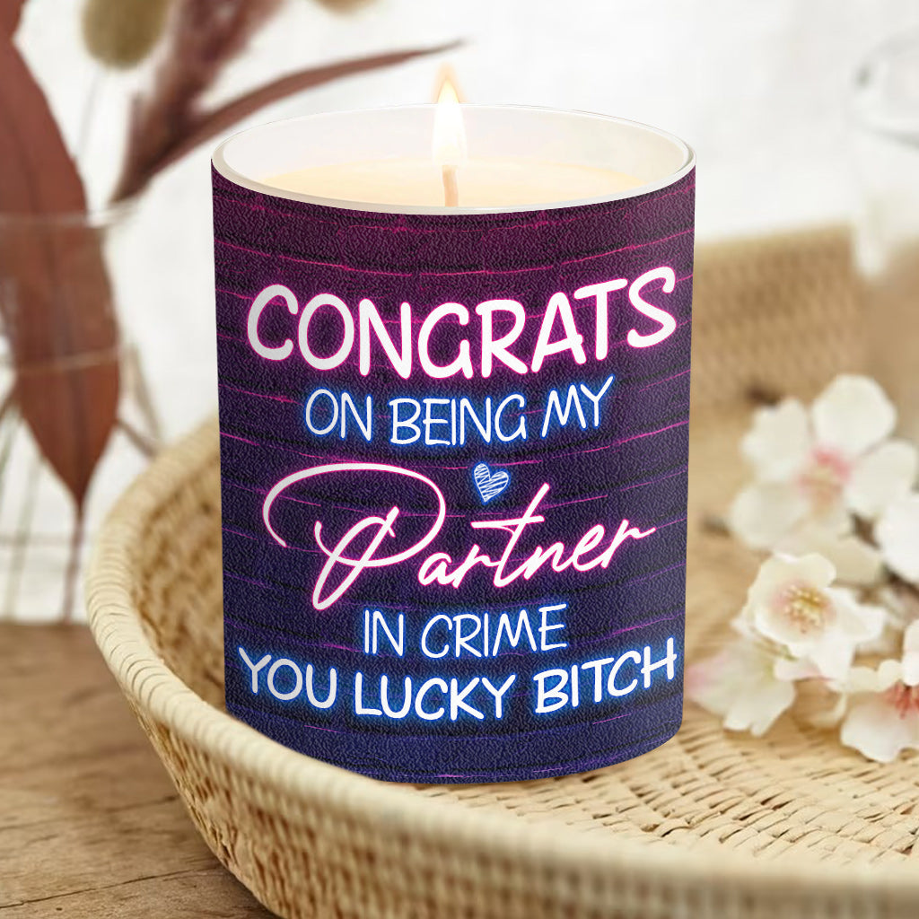 Congrats On Being My Partner In Crime - Gift for friend - Personalized Candle With Wooden Lid