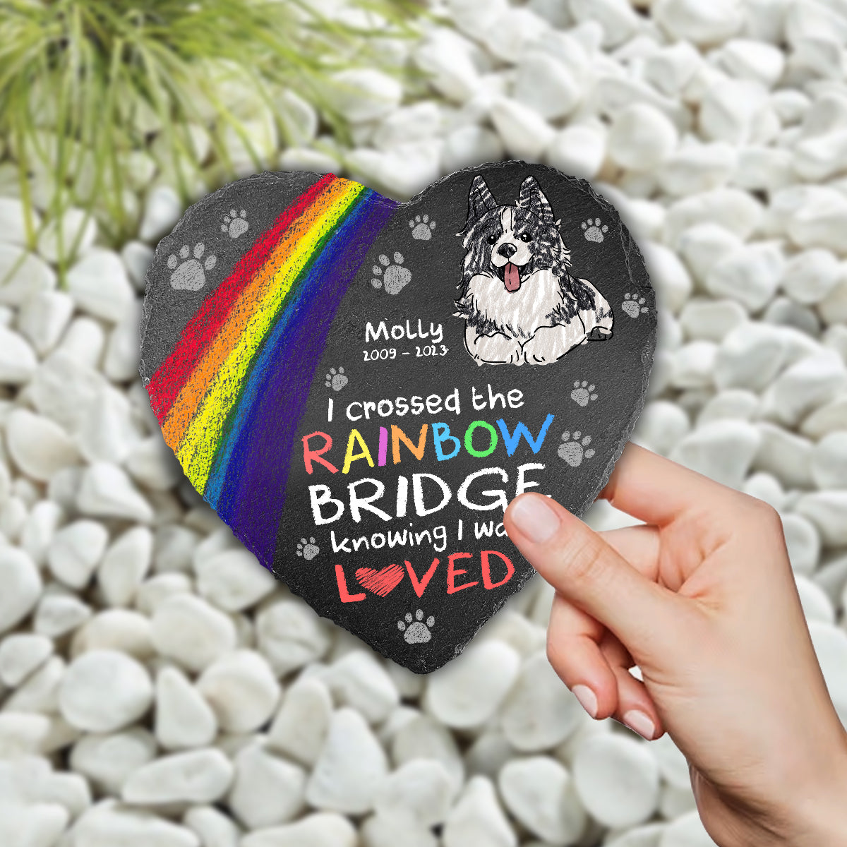 J'ai traversé l'arc-en-ciel - Cadeau pour les personnes qui ont perdu leur chien ou leur chat - Pierre personnalisée en forme de cœur