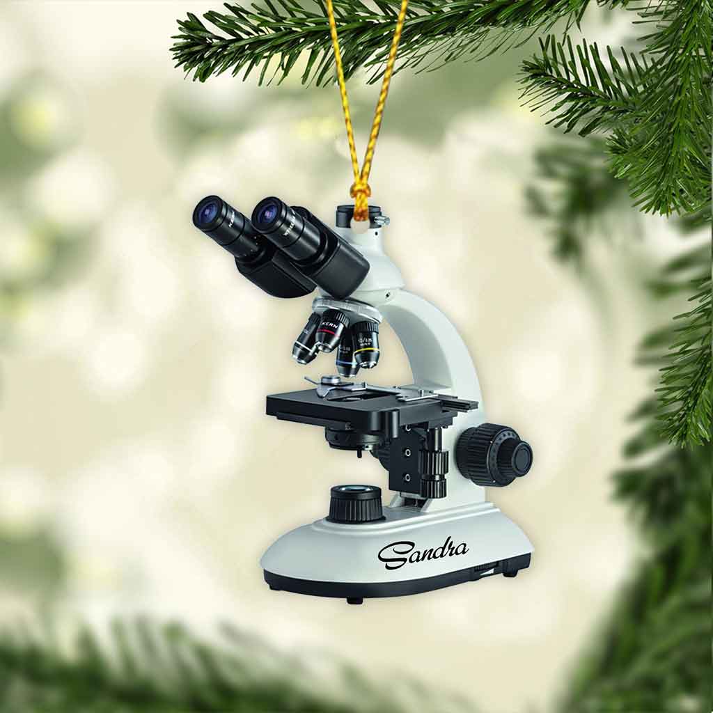 Mikroskop mit Weihnachtsbeleuchtung – personalisierter medizinisch-technischer Weihnachtsschmuck (beidseitig bedruckt)