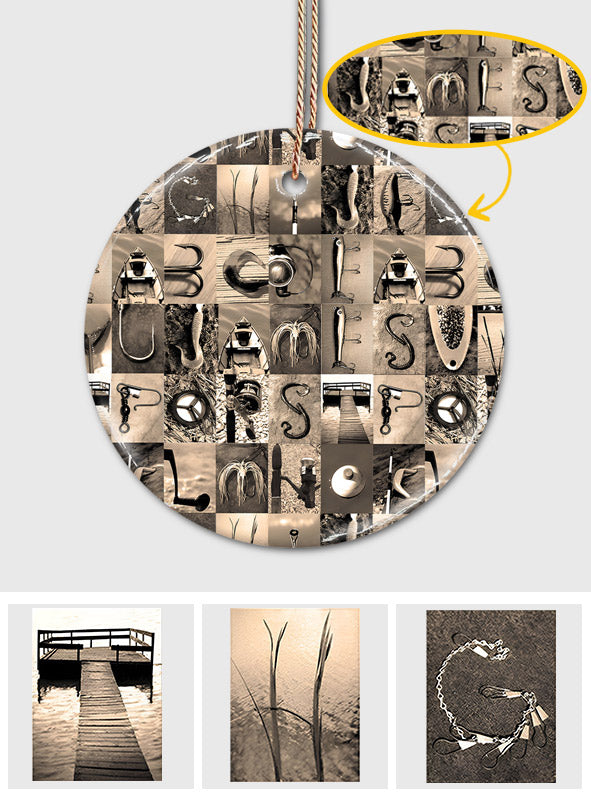 Alphabet de pêche vintage - Ornement rond en céramique personnalisé sur le thème de la pêche