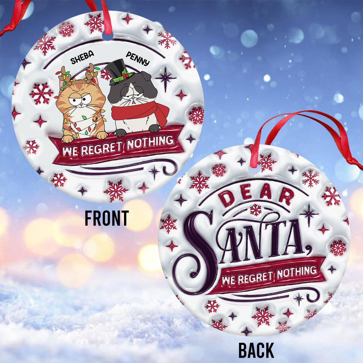 Cher Père Noël, nous ne regrettons rien - Ornement rond en céramique personnalisé en forme de chat
