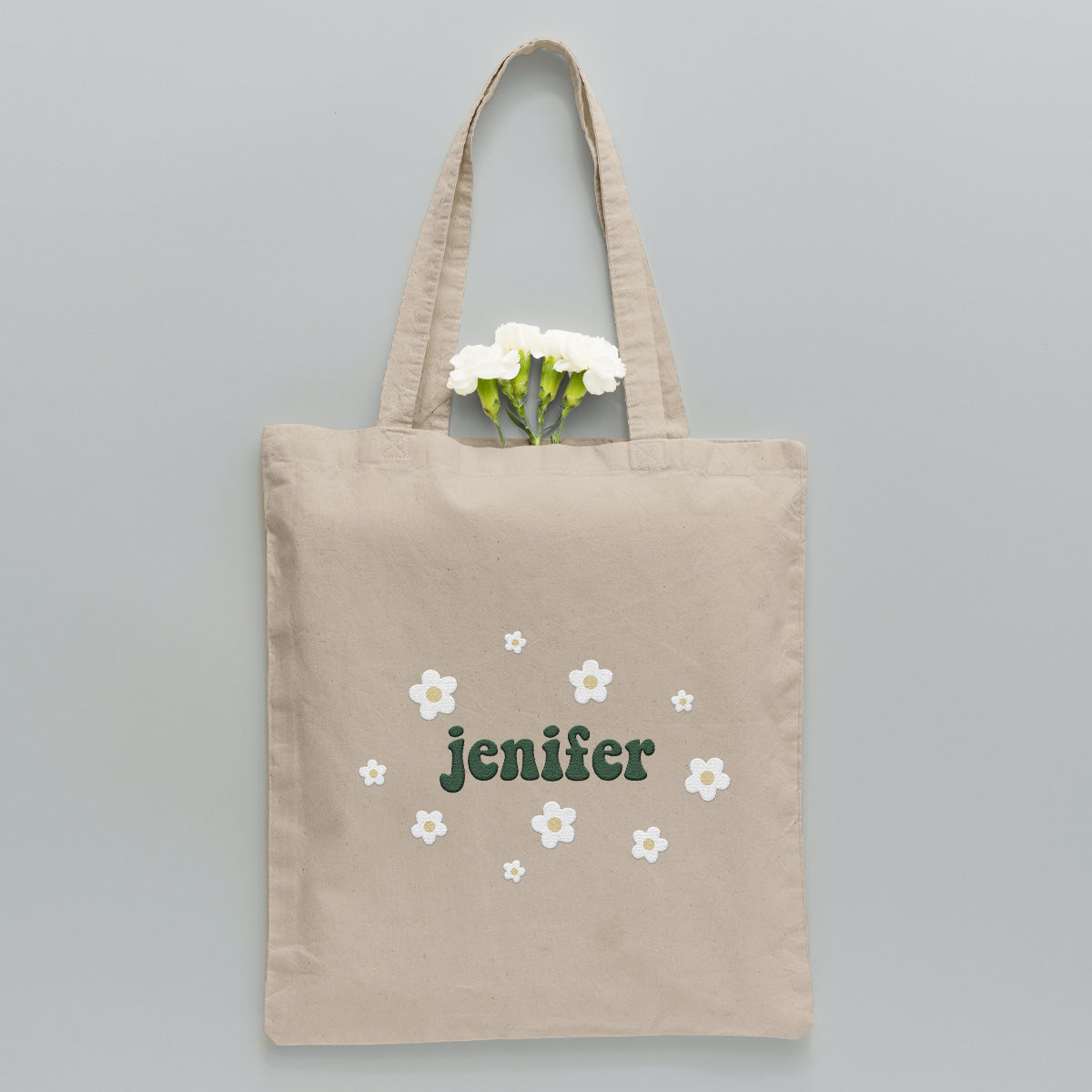 Custom Name With Flower - Personalized Couple Embroidered Tote Bag