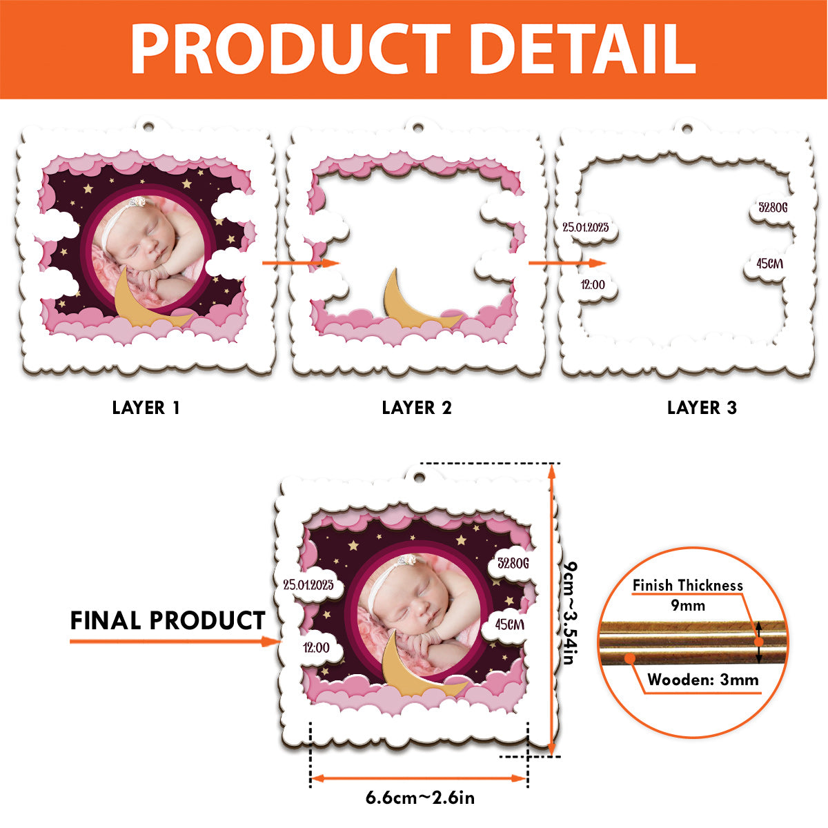 Personalisiertes Babyfoto – Geschenk zur Geburt – Personalisierter dreilagiger Holzschmuck