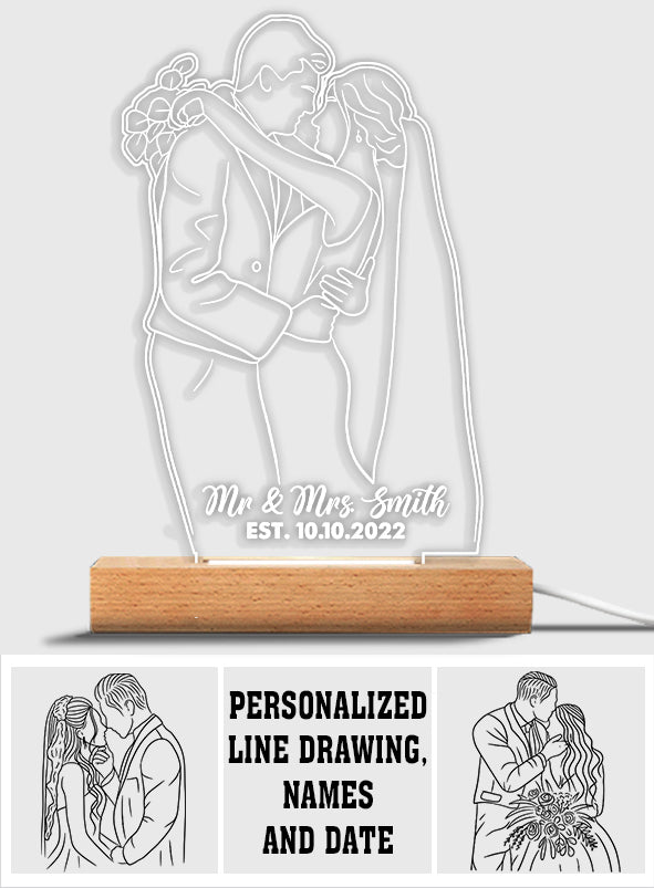 Custom Line Drawing - Personalized Husband And Wife Shaped Plaque Light Base