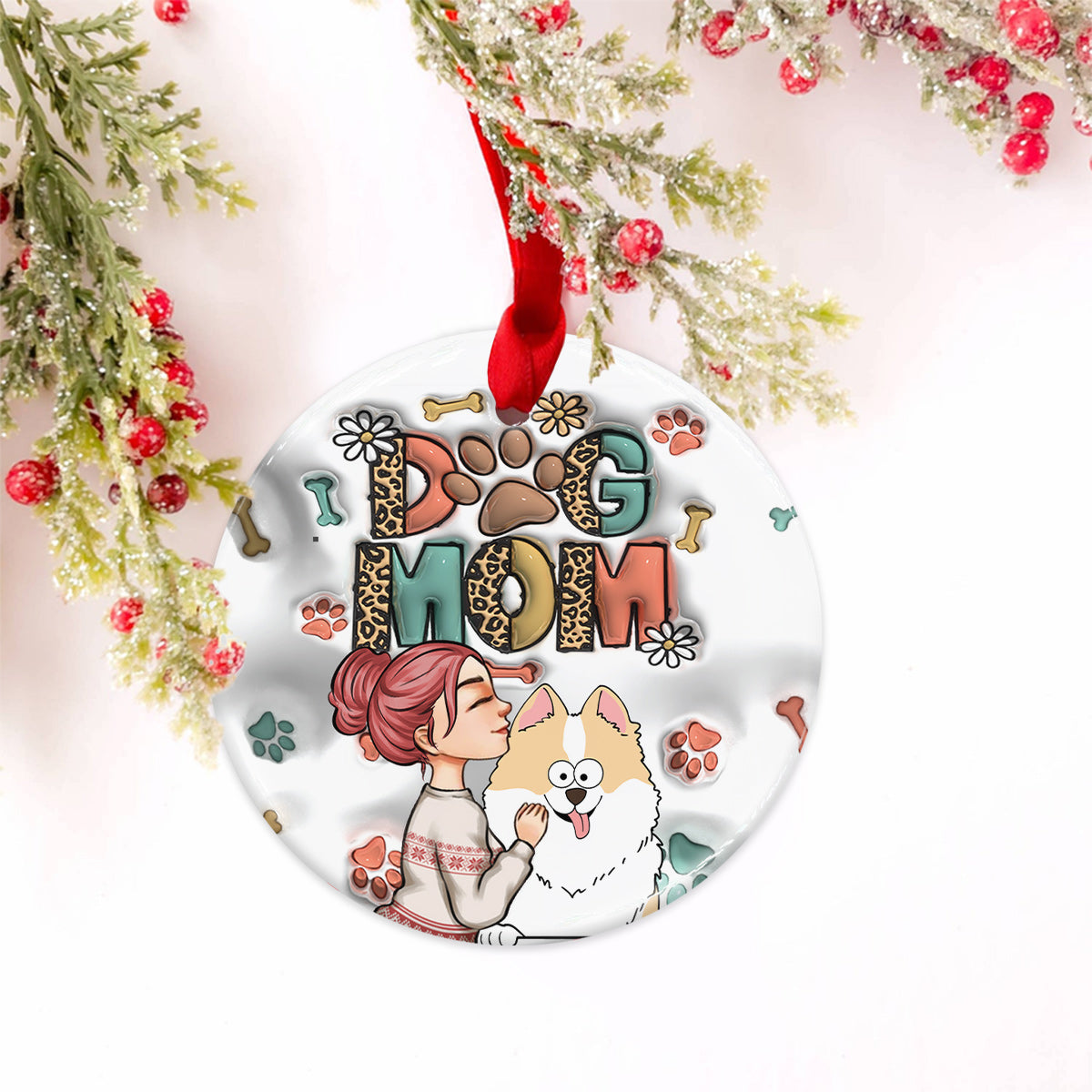 Dog Mom Cat Mom Inflated - Gift for dog lovers, cat lover - Personalized Ceramic Circle Ornament