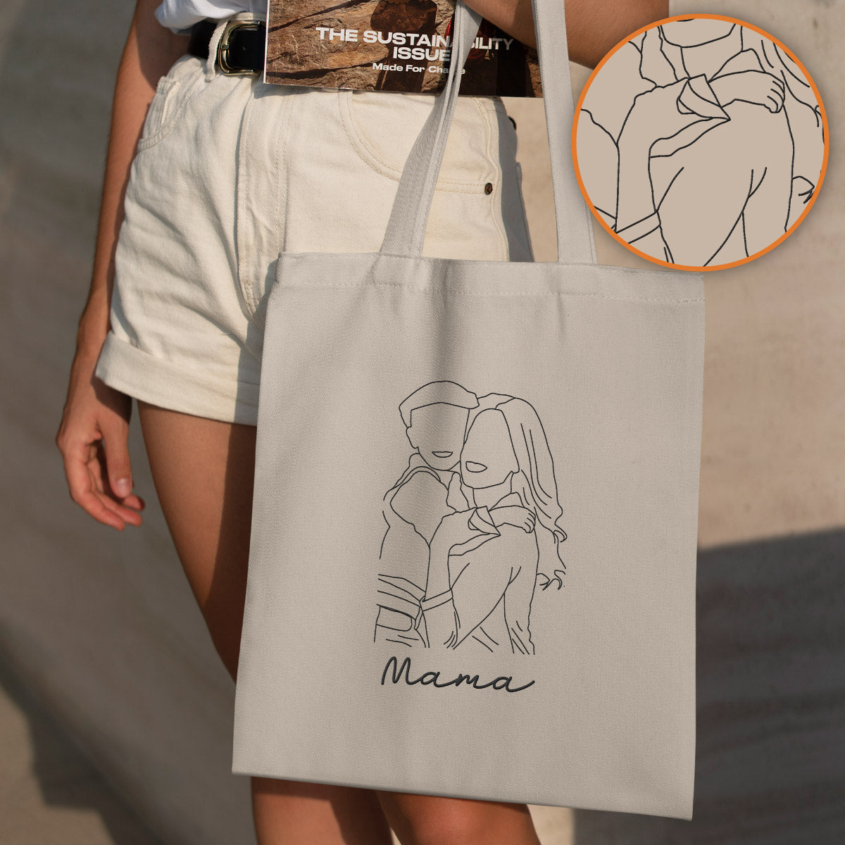 Custom Photo Line Art - Personalized Mother Embroidered Tote Bag