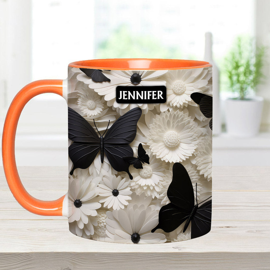 Elegant Black And White Butterflies And Flowers - Personalized Butterfly Accent Mug