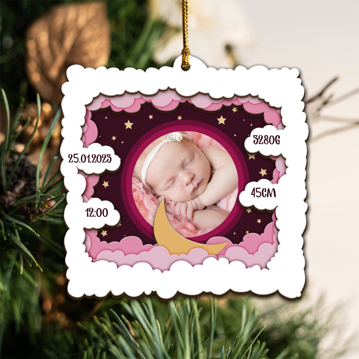 Personalisiertes Babyfoto – Geschenk zur Geburt – Personalisierter dreilagiger Holzschmuck