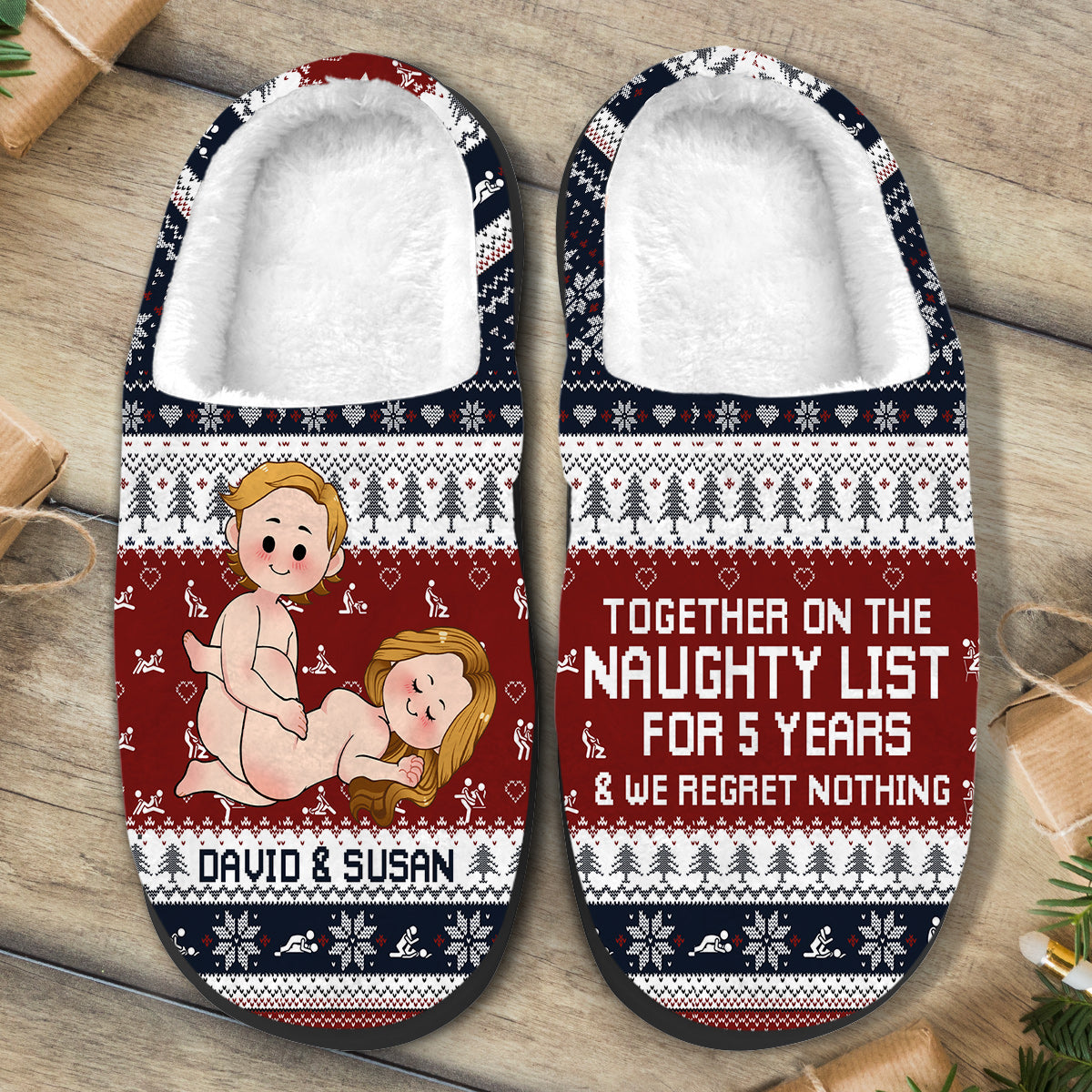 Together On The Naughty List For Years - Personalized Couple Slippers